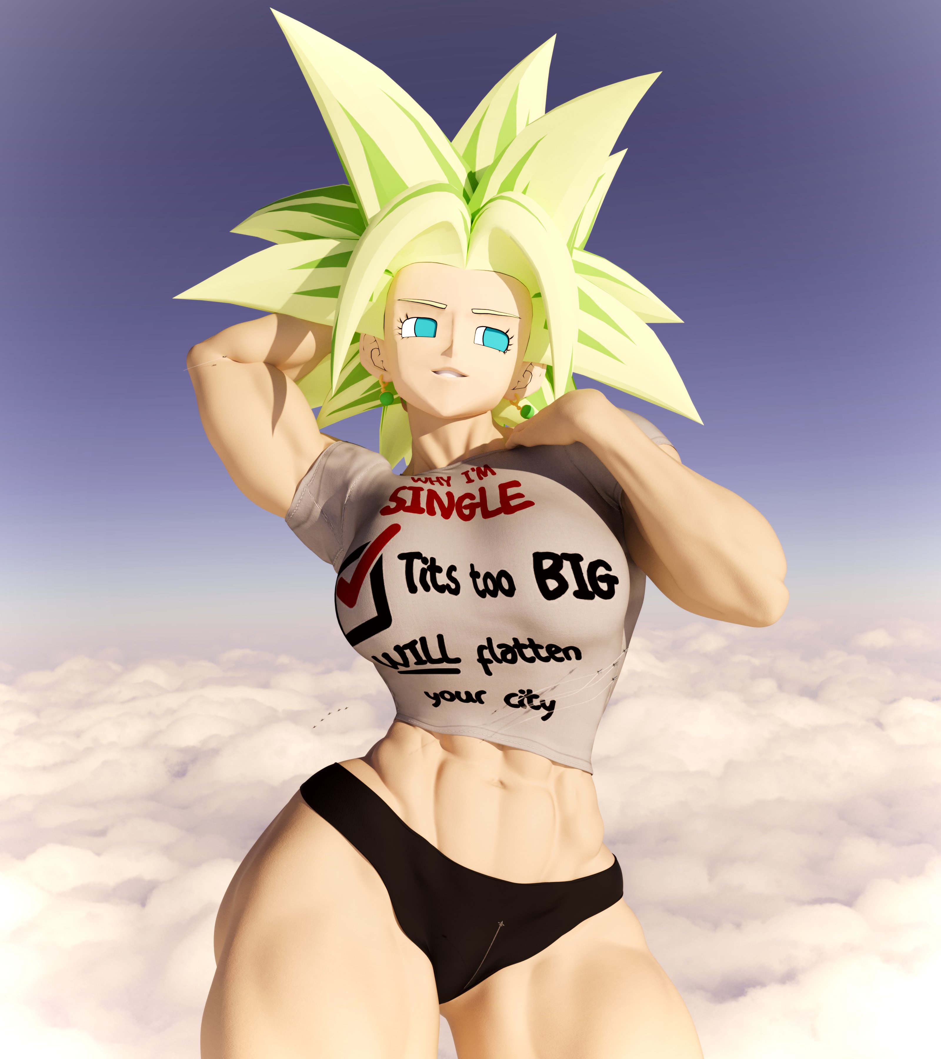 1girls, 3d, 3d (artwork), abs, armpits, black underwear, cloud, clouds, confident, dragon ball, dragon ball super, female, giantess, hands behind head, kamicamie, kefla, legendary super saiyan, looking up, muscles, muscular, muscular female, muscular thighs, pantless, saiyan, seductive look, seductive smile, shirt, smug, super saiyan, super saiyan 2, t-shirt