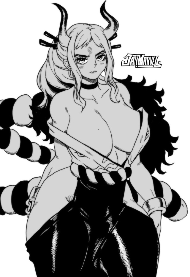 1girls, big breasts, breasts, covering, curvy, ear piercing, earrings, female, female focus, female only, hakama, hi res, higher resolution at source, higher resolution available, highres, hoop earrings, horn, horned humanoid, horns, humanoid, jay-marvel, light skin, light-skinned female, long hair, monochrome, no bra, one piece, oni, oni horns, shackles, simple background, solo, white background, wide hips, yamato (one piece), youkai