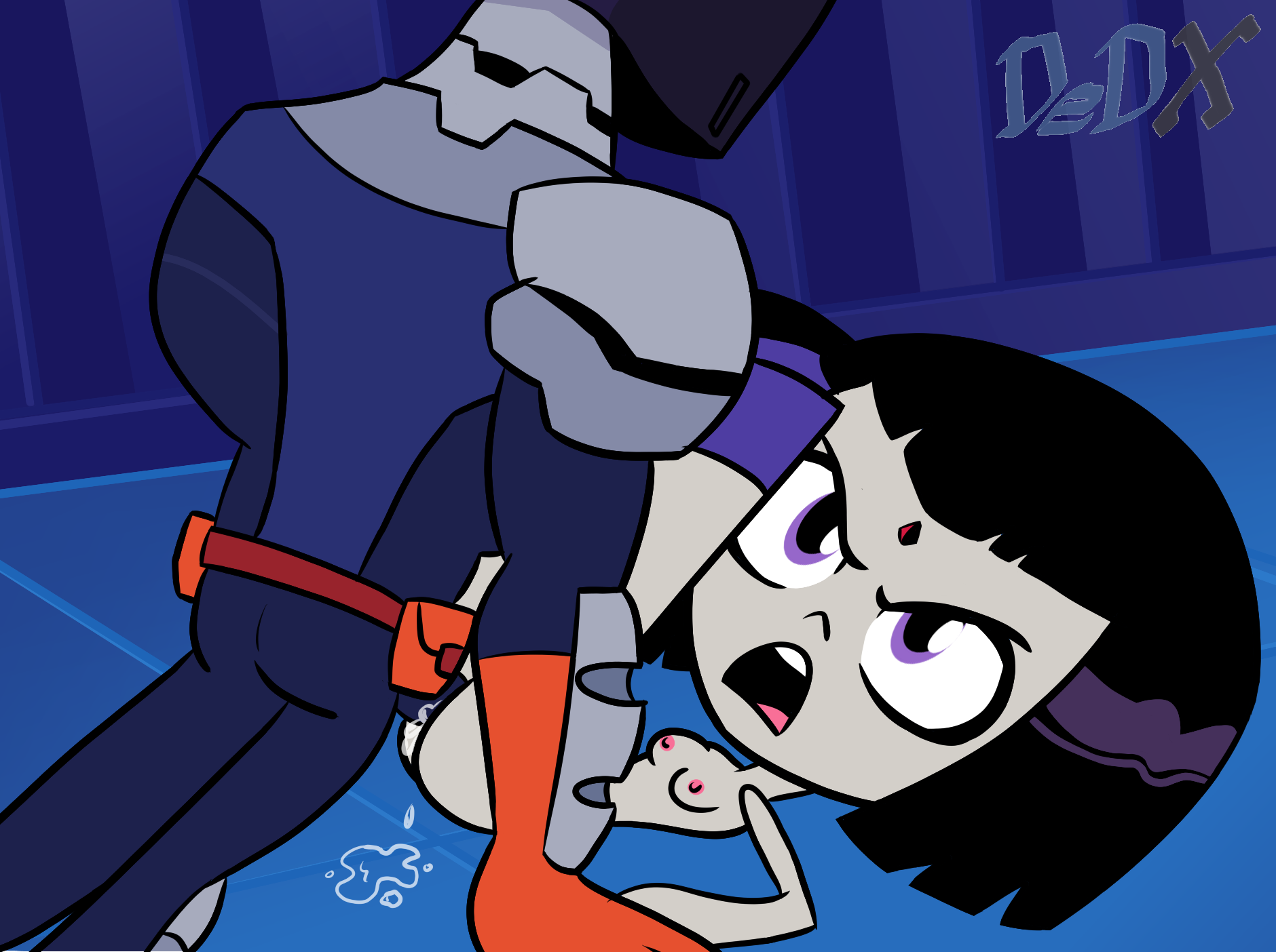 1boy, 1girls, breasts, clothed male nude female, dc, dc comics, deathstroke, dedx, female, grey skin, male, male on top, missionary position, nude, penetration, purple eyes, purple hair, pussy, pussy juice, rachel roth, rape, raven (dc), sex, slade wilson, straight hair, teen titans, teen titans go, unseen male face