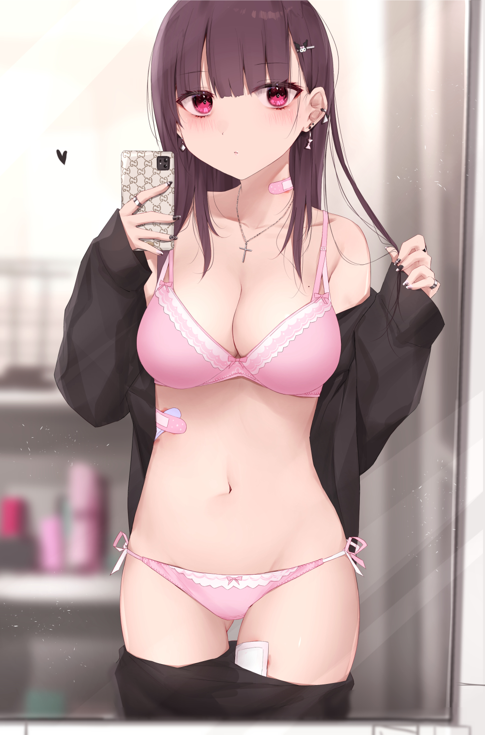 1girls, bandaid, big breasts, blurry background, blush, bra, breasts, brown hair, clothing, ear piercing, female, heart, jewelry, kanju, legs together, long hair, matching underwear, mirror, mole, mole on breast, nail polish, navel, off shoulder, original, original character, panties, partially clothed, pink bra, pink eyes, pink panties, ring, selfie, smartphone, thighs, underwear