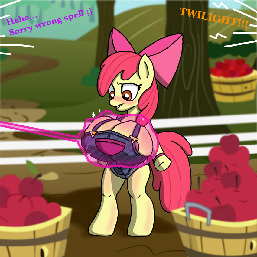 anthro anthrofied apple apple_bloom_(mlp) big_breasts bigumbuttis blush breast_growth breasts brown_eyes cub cutie_mark_crusaders embarrassed equine furry growth hair_bow horse large_breasts magic mane my_little_pony pony red_hair red_mane red_tail spicypepper tight_clothes tight_clothing tight_fit yellow_fur yellow_skin young