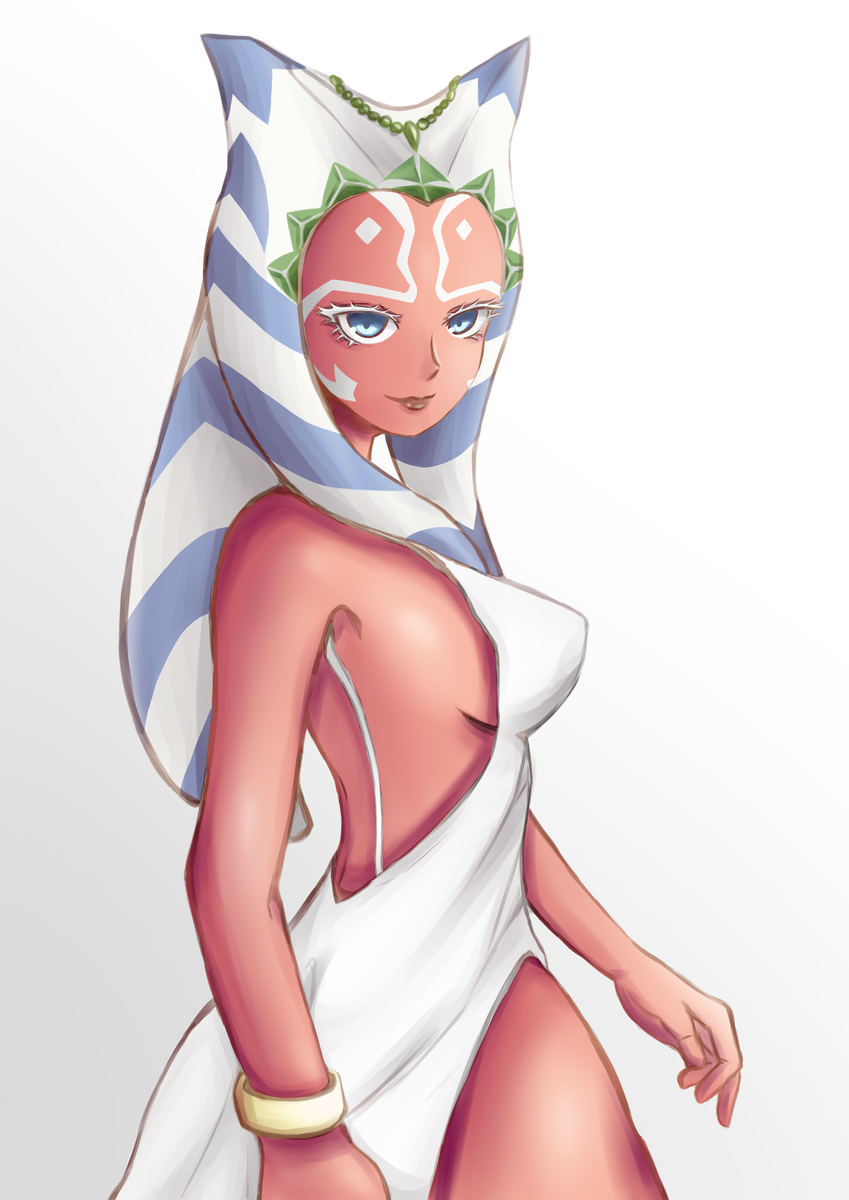 1girls, ahsoka tano, alien, alien girl, blue eyes, bracelet, breasts, clone wars, dress, eyelashes, face tattoo, facial markings, female, female only, jewelry, sideboob, simple background, small mouth, solo, standing, star wars, tattoo, togruta, w7arts, white background, white dress, white eyelashes
