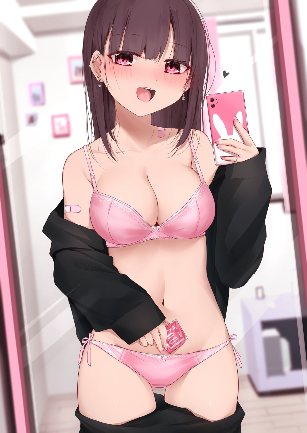 1girls :d bandaid blush bra breasts brown_hair clothing condom condom_wrapper ear_piercing female heart holding_condom kanju long_hair matching_underwear mirror mole mole_on_breast nail_polish navel off_shoulder open_mouth open_smile original original_character panties partially_clothed pink_bra pink_eyes pink_panties pink_underwear ring selfie smartphone smile solo solo_focus standing thighs underwear