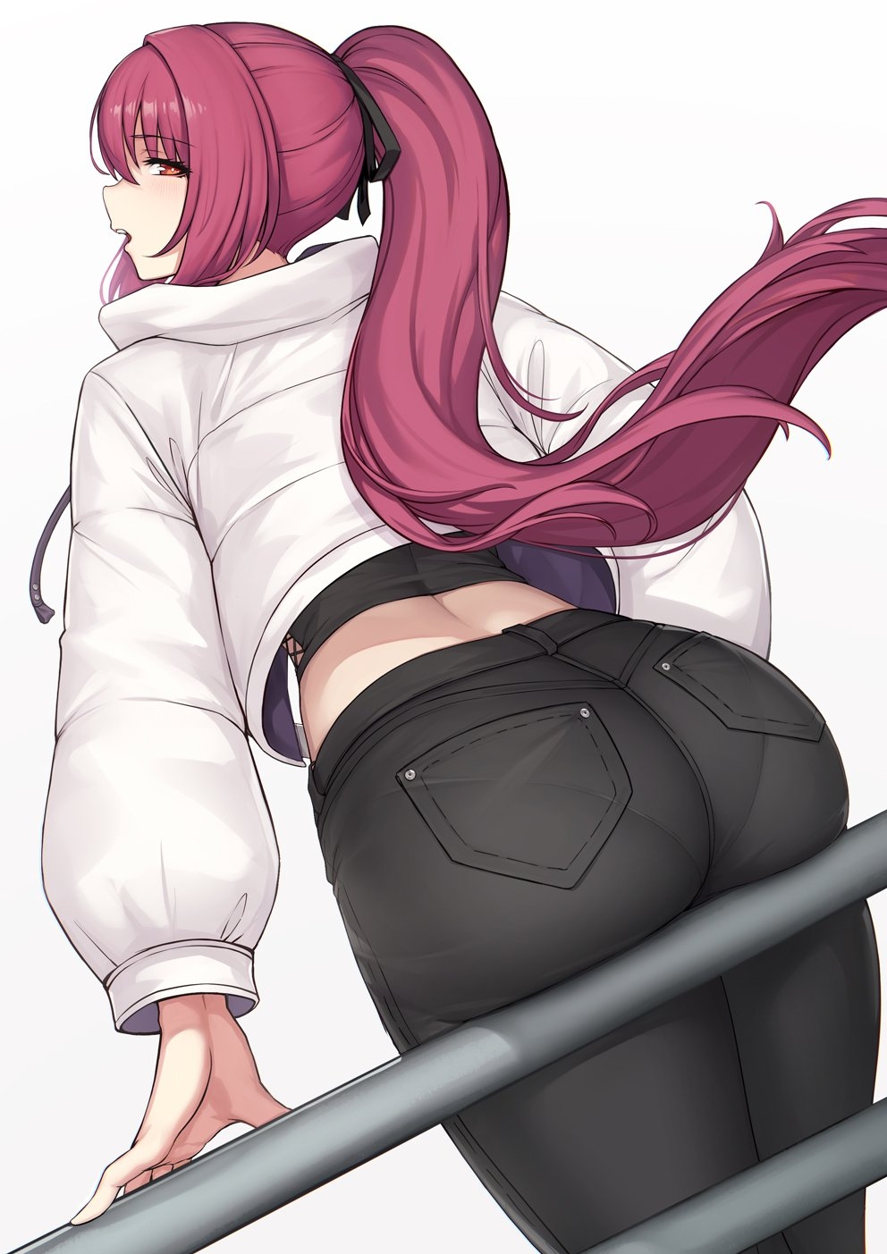 1girls ass ass_support bangs black_pants black_ribbon blue_pants blush casual curvy dat_ass denim evan_yang eyebrows eyebrows_visible_through_hair eyelashes eyelashes_visible_through_hair fate/grand_order fate_(series) female_ass from_behind hair_between_eyes hair_ribbon highres jacket jeans large_breasts long_hair long_sleeves looking_at_viewer looking_back midriff open_mouth pants pantylines parted_lips ponytail purple_hair railing red_eyes ribbon scathach_(fate) shirt sidelocks simple_background solo thighs tight_jeans tight_pants very_long_hair white_background white_jacket wide_hips