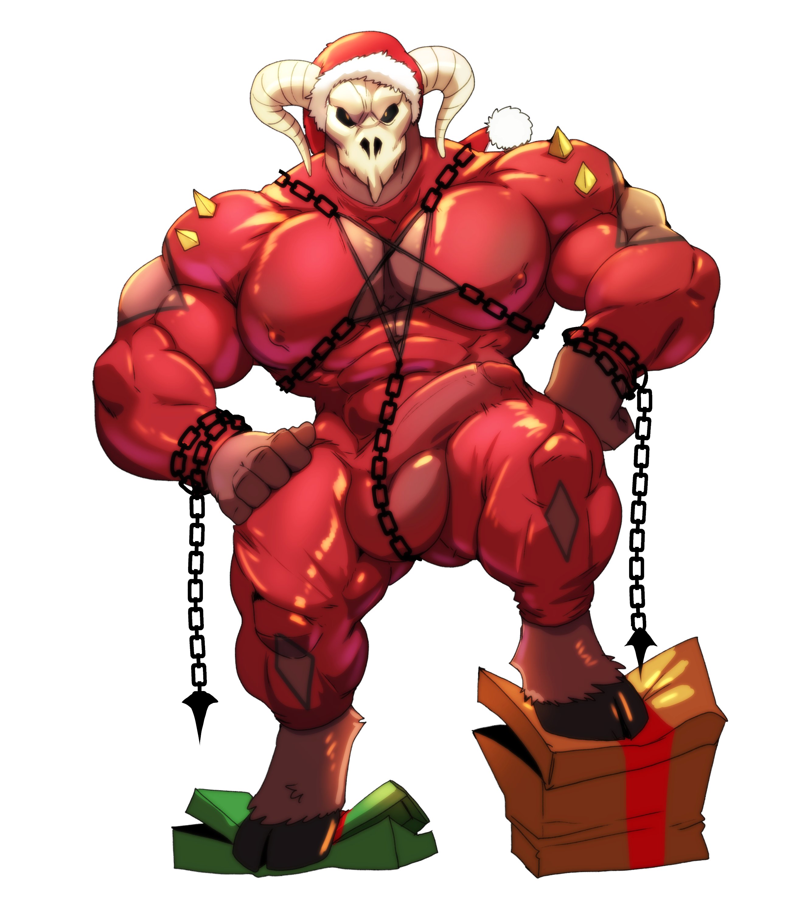 balls, balls under clothes, boner, bulge, capra demon, cardboard box, chains, cursedmarked, dark souls, demon, erect nipples, erection, erection under clothes, erection under clothing, fromsoftware, hands on thighs, hooves, horns, looking at viewer, male, male only, nipples, nipples visible through clothing, santa hat, skull, skull head, skull mask, spikes, star