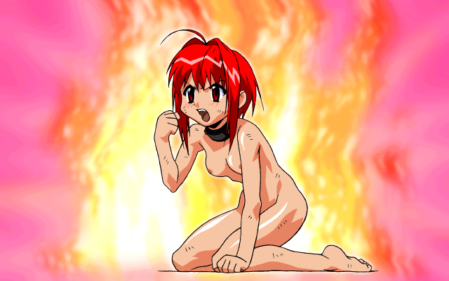 1girls 90s angry breasts clenched_hand collar eyebrows_visible_through_hair feet female female_only fire fire_background full_body game_cg injury kneeling matching_hair/eyes medium_breasts mika_(viper) nipples nude official_art open_mouth red_eyes red_hair sogna soles solo teeth thighs toes tongue viper_(series) viper_island