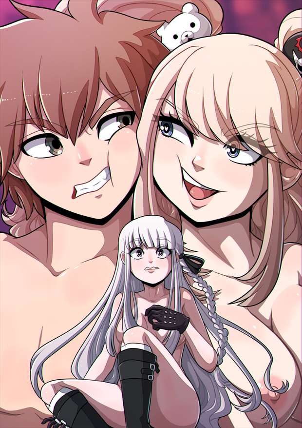 1boy, 2girls, big breasts, breasts, danganronpa, danganronpa: trigger happy havoc, enoshima junko, eyebrows visible through hair, eyes visible through hair, female, heart, heart-shaped pupils, kinkymation, kirigiri kyoko, long hair, male, male/female, multiple females, multiple girls, naegi makoto, nipples, short hair, straight hair, tagme