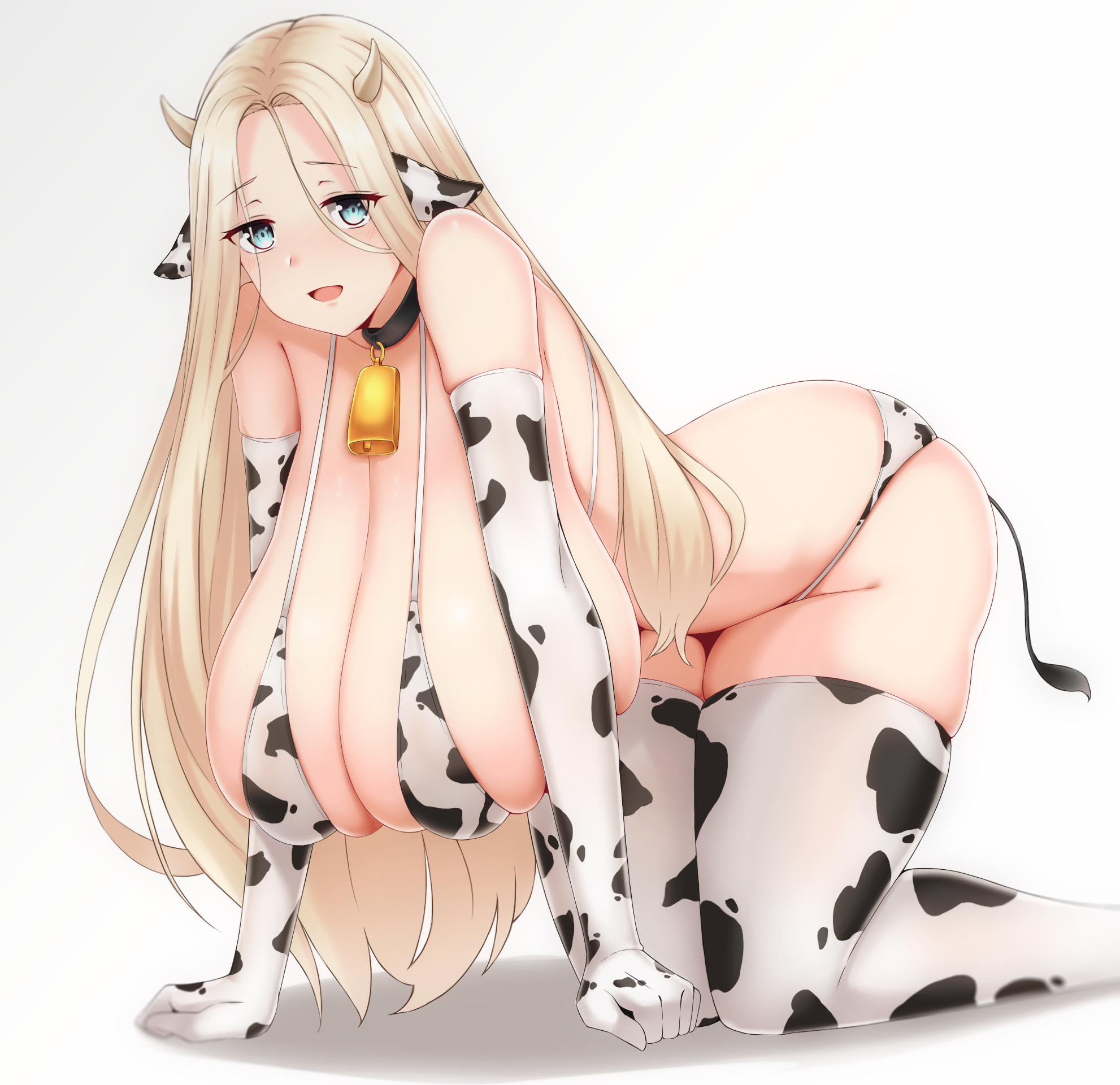 1girls, all fours, animal ears, animal print, bare shoulders, bell, bell collar, big breasts, bikini, black collar, blonde hair, blue eyes, breasts, breasts bigger than head, cerestia of life, collar, cow bikini, cow ears, cow horns, cow print, depp3, elbow gloves, fake animal ears, fake horns, fake tail, female, female only, full body, gloves, hanging breasts, horns, huge breasts, large breasts, last origin, long hair, looking at viewer, open mouth, revealing clothes, simple background, smile, solo, solo female, swimsuit, tail, thighhighs, thighs, very long hair, white background, white bikini, white gloves, white legwear