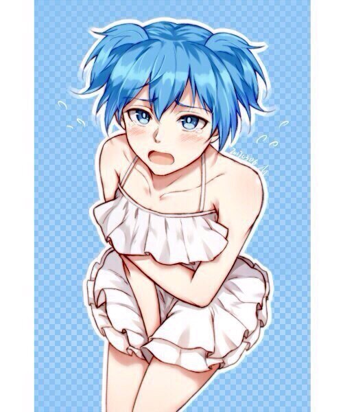 :3, 1boy, assassination classroom, blue background, blue eyes, blue hair, blush, clothing, covering, dress, femboy, male, male only, nervous, shiota nagisa, short twintails, shounen jump, sissy, tears, twintails, white clothing
