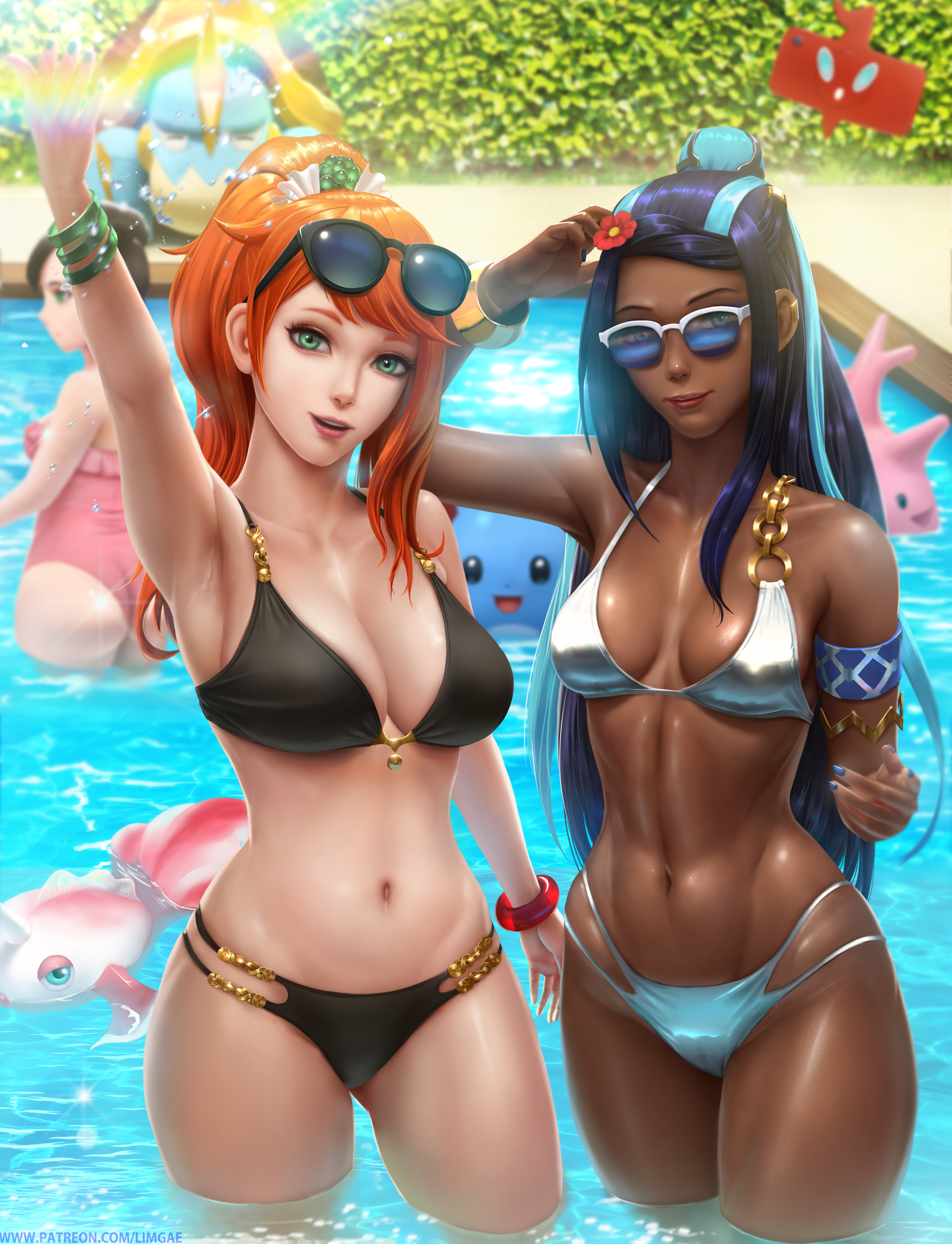 2020, 3girls, absurdres, aqua eyes, arm up, armpits, ass, bikini, black bikini, blue hair, blue-tinted eyewear, breasts, cameltoe, dark skin, dark-skinned female, female, female focus, female only, glasses, glasses on head, green eyes, high resolution, highres, limgae, looking at viewer, marnie (pokemon), multicolored hair, navel, nessa (pokemon), nintendo, orange hair, outdoors, paid reward, partially submerged, patreon reward, patreon username, pink swimsuit, pokemon, pokemon ss, pool, pussy, silver bikini, sonia (pokemon), sunglasses, tinted eyewear, url, water, wet