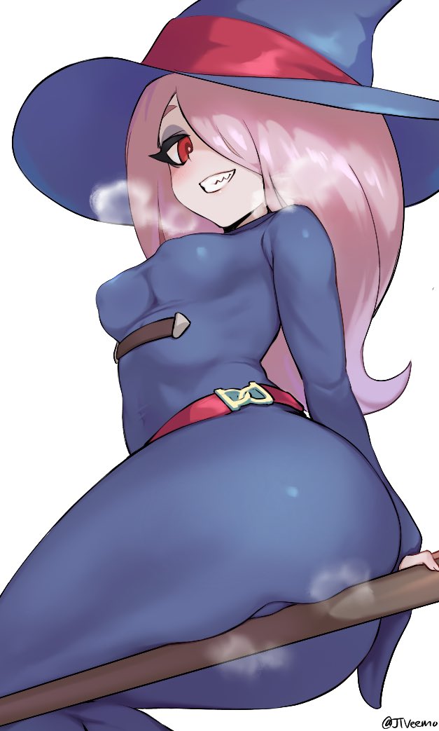 1girls, ass, big ass, breasts, dress, female, female only, hair over one eye, hat, jtveemo, little witch academia, looking at viewer, looking back, solo, sucy manbavaran, thick thighs, wide hips