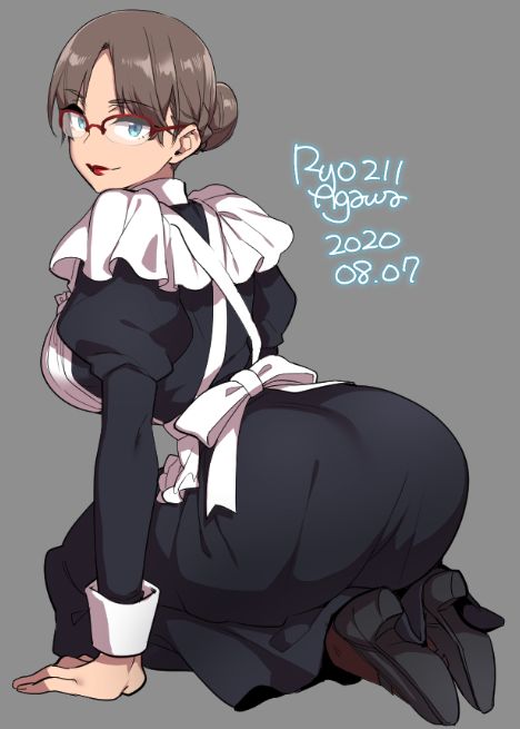 1girls, ass, big ass, female, female only, glasses, looking at viewer, looking back, maid, maid uniform, ryo agawa, solo
