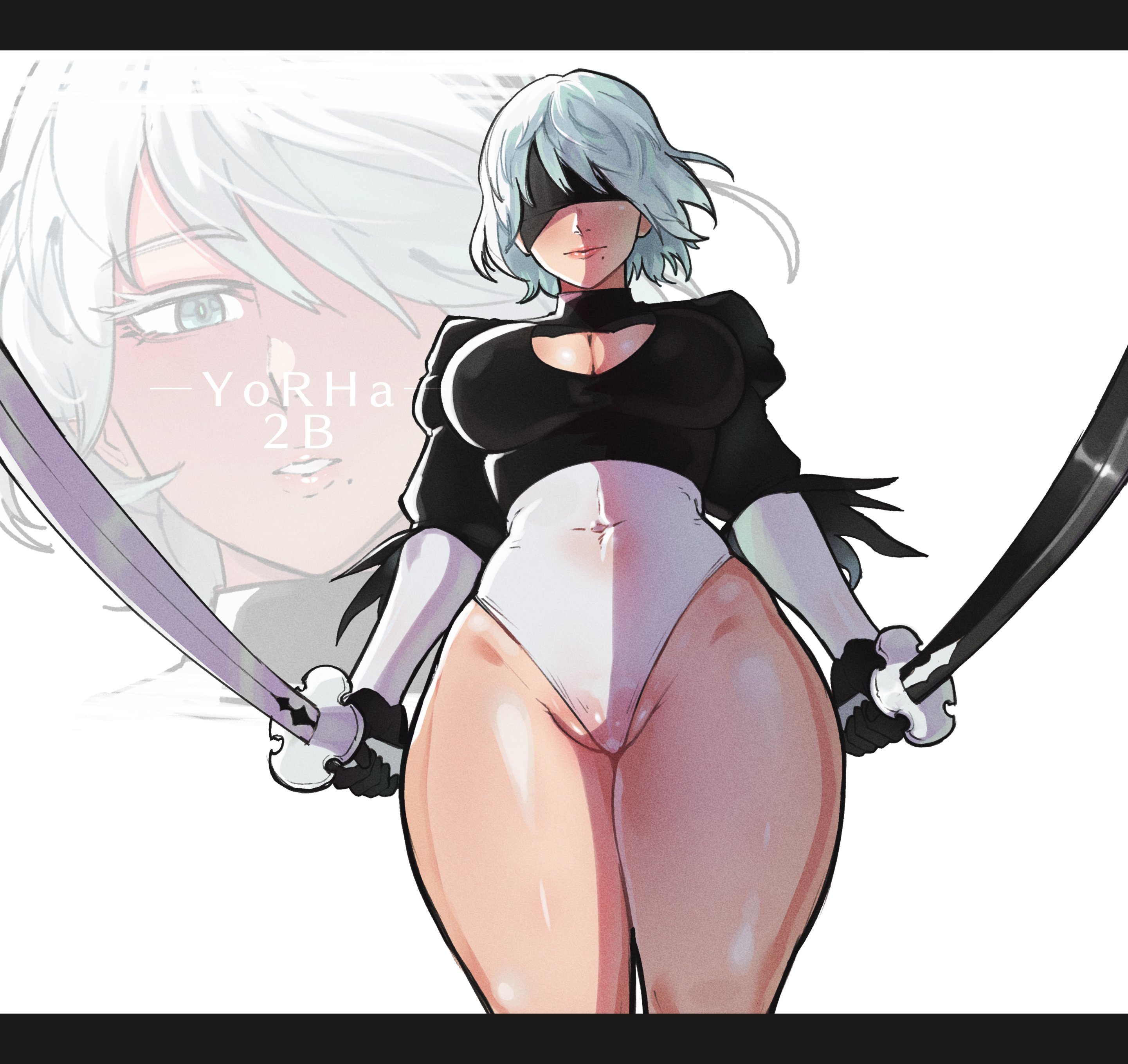 1girls, android, big breasts, blindfold, breasts, cameltoe, female, female only, fully clothed, hentaly, leotard, nier, nier (series), nier: automata, pussy, short hair, solo, standing, sword, thick thighs, thighs, wet clothes, yorha 2b