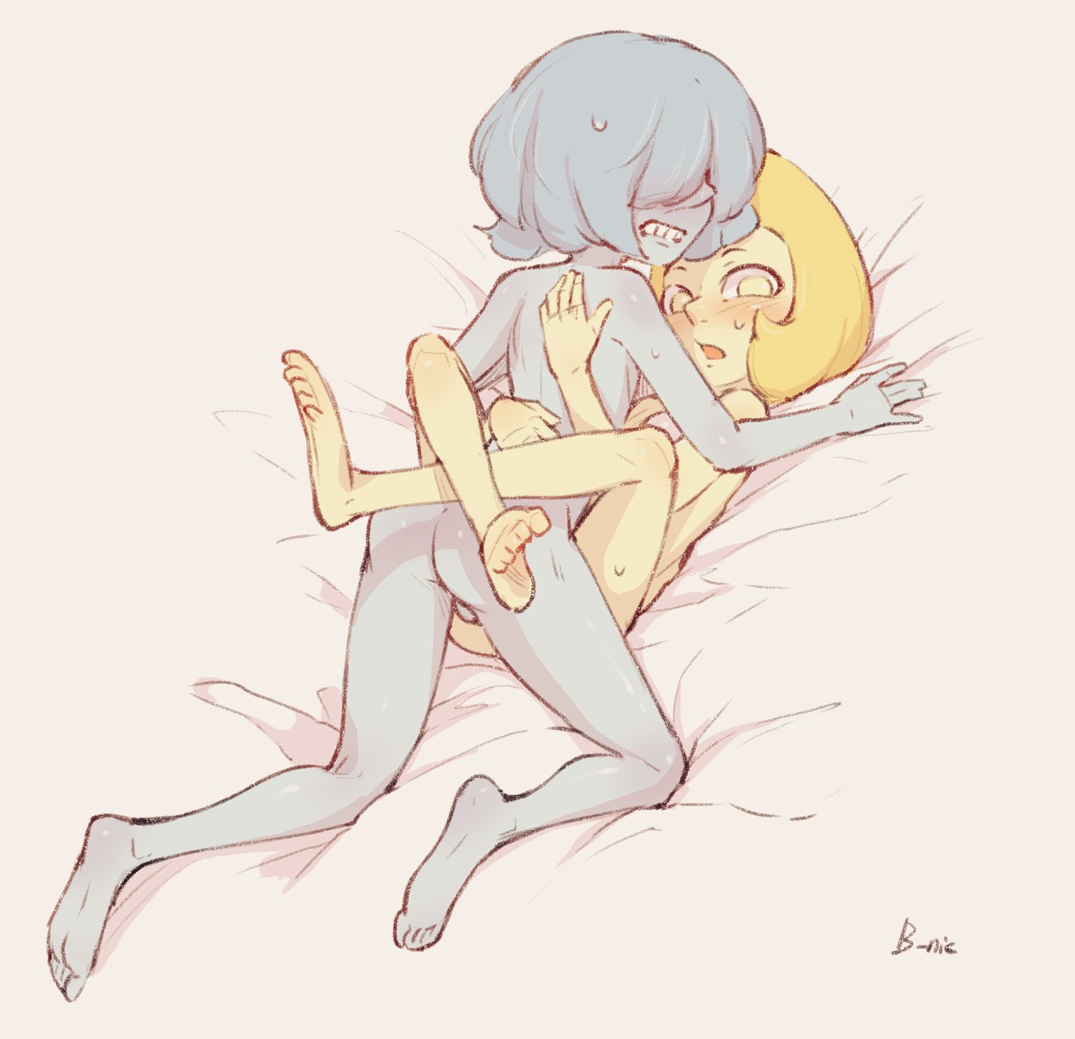 artist request, blue pearl (steven universe), cartoon network, clenched teeth, female, female only, hands on back, leg wrap, steven universe, tagme, yellow pearl (steven universe)