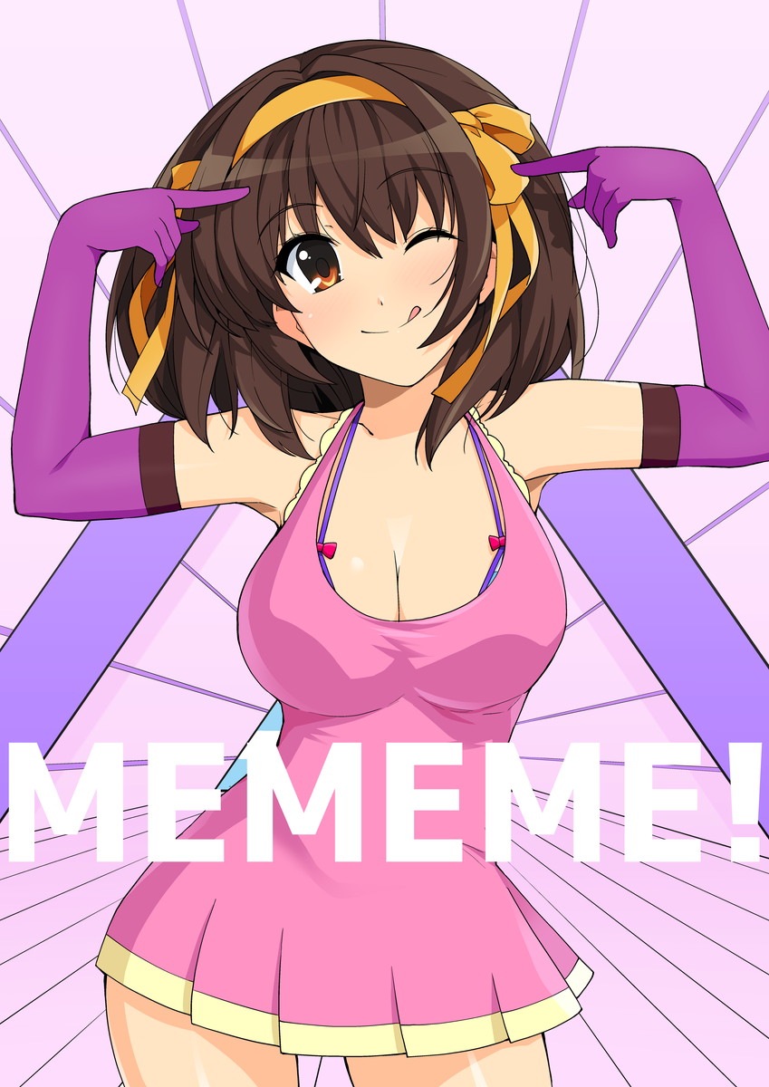 1girls, big breasts, breasts, cleavage, clothing, cosplay, costume, cute, dress, female, female only, haruhisky, large breasts, me!me!me!, meme (me!me!me!) (cosplay), solo, solo female, suzumiya haruhi, suzumiya haruhi no yuuutsu, tongue, tongue out, wink