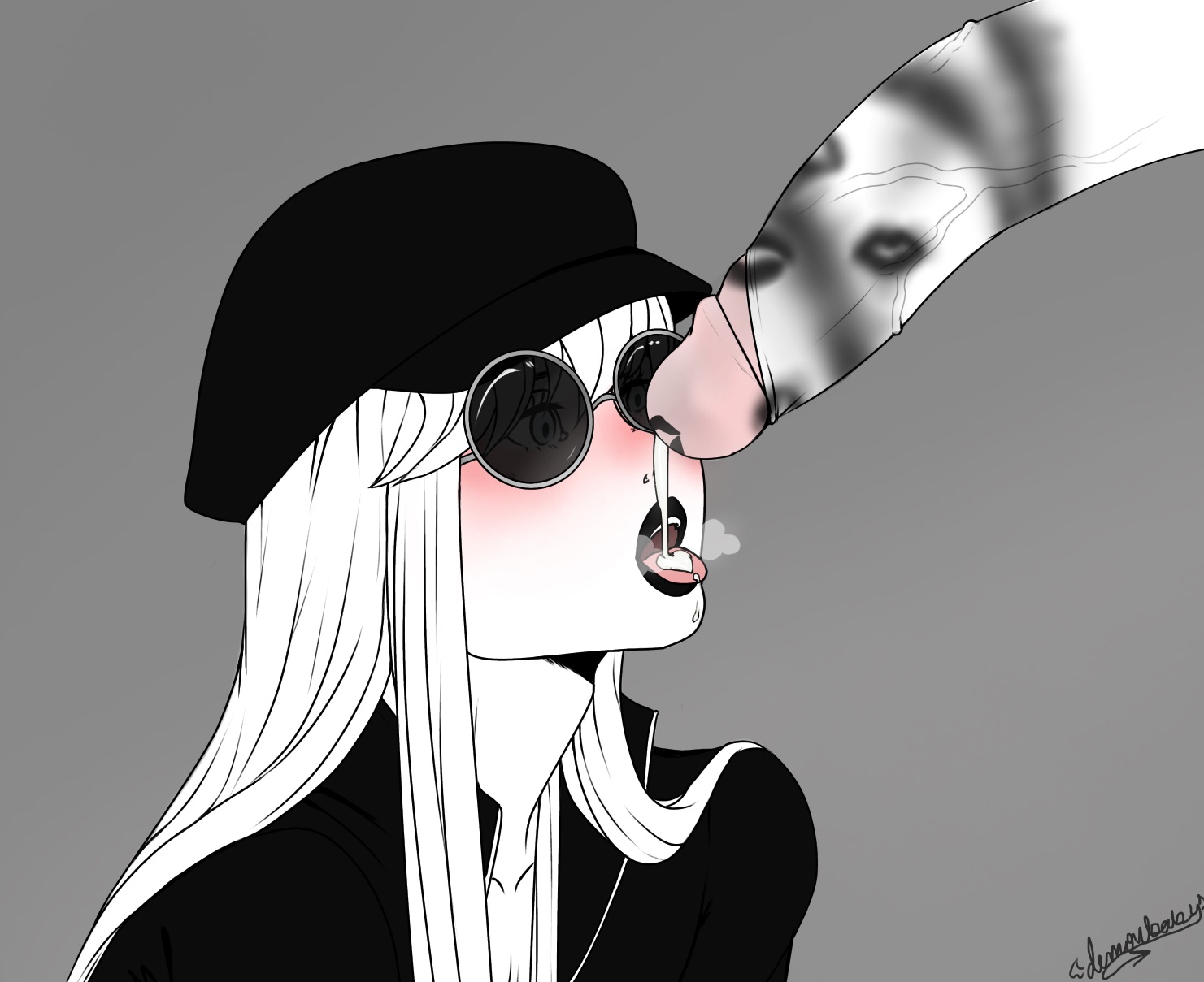 2boys, androgynous, big penis, black lipstick, blush, canon crossdressing, clothed, clothed sex, clothes, clothing, crossdressing, cum, cum in mouth, deepthroat, deepthroat mark, demonbab y, disguise, dripping, dripping cum, fellatio, femboy, girly, hat, hunter x hunter, kurapika, leorio paladiknight, lipstick, lipstick mark, lipstick on penis, lipstick ring, long hair, looking at penis, male, male only, monochrome, open clothes, open mouth, open shirt, oral, oral sex, penis, semen, sunglasses, tinted eyewear, trap