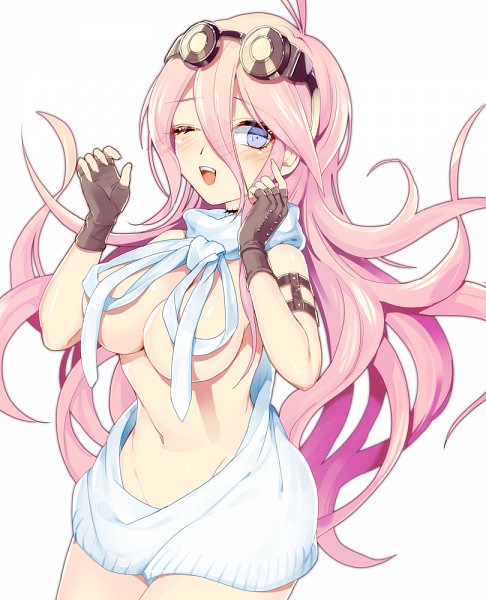 ;), :3, big breasts, blonde hair, blue eyes, blush, breasts, covering nipples, danganronpa, danganronpa v3, female, glasses on head, gloves, iruma miu, long ears, new danganronpa v3, pink hair, simple background, smile, stomach, straight hair, sweater, wink