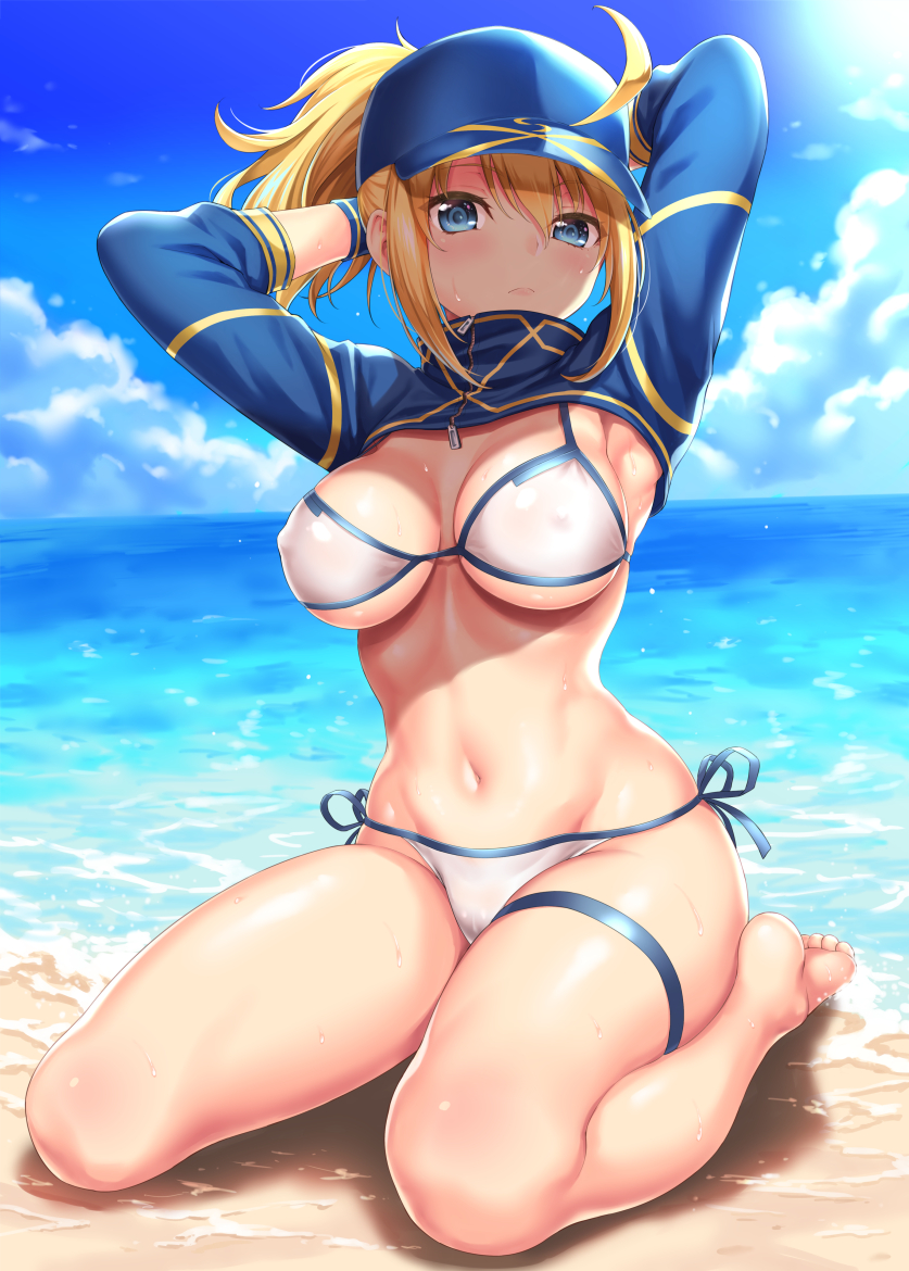 ahoge, armpits, arms behind head, artoria pendragon, barefoot, baseball cap, beach, bikini, blonde hair, blue eyes, blue headwear, blush, breasts, cleavage, cloud, cropped jacket, day, eyebrows visible through hair, fate (series), fate/grand order, feet, female, full body, groin, hair between eyes, hair through headwear, hat, jacket, kase daiki, long hair, long sleeves, looking at viewer, medium breasts, midriff, mysterious heroine xx, mysterious heroine xx (foreigner), navel, ocean, outdoors, ponytail, sand, sexy armpits, shiny, shiny skin, shrug (clothing), side-tie bikini, sideboob, sitting, skindentation, sky, solo, stomach, sunlight, swimsuit, thigh strap, thighs, tied hair, underboob, wariza, water, white bikini, white swimsuit, zipper