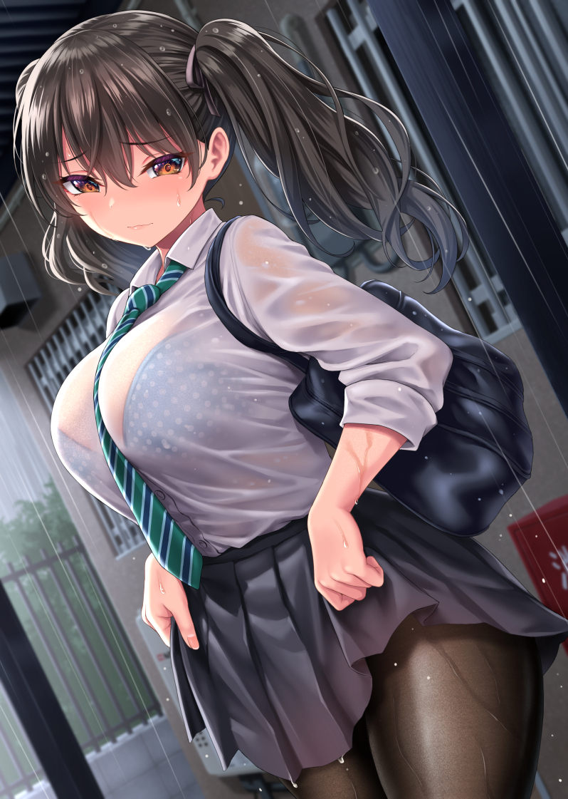bag, bangs, black skirt, blush, breasts, brown eyes, brown hair, closed mouth, collared shirt, dress shirt, female, kase daiki, large breasts, long hair, long sleeves, looking at viewer, original, pantyhose, pleated skirt, school bag, see-through, shirt, skirt, thighs, tied hair, twintails, wet, wet clothes, white shirt