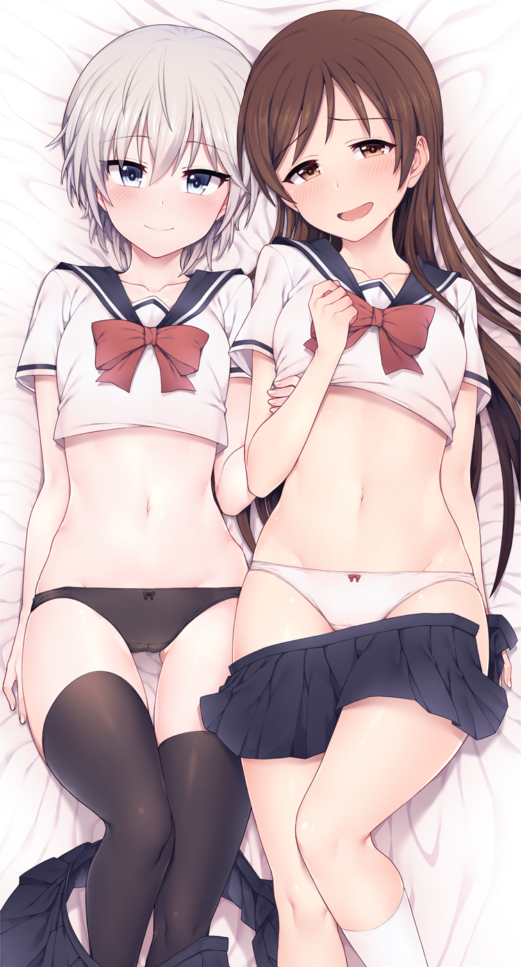 2girls anastasia_(idolmaster) archway_of_venus ass black_legwear black_panties black_underwear blue_eyes blush bow bow_panties breasts brown_eyes brown_hair cameltoe cowboy_shot crop_top dakimakura female gluteal_fold high_resolution idolmaster idolmaster_cinderella_girls jp06 lingerie long_hair looking_at_viewer love_laika maguro_mayonnaise miniskirt multiple_girls navel nitta_minami no_pants open_clothes open_skirt pantsu pleated_skirt school_uniform serafuku short_hair short_sleeves silver_hair simple_background skirt skirt_pull small_breasts smile thighhighs underwear white_background white_panties white_underwear