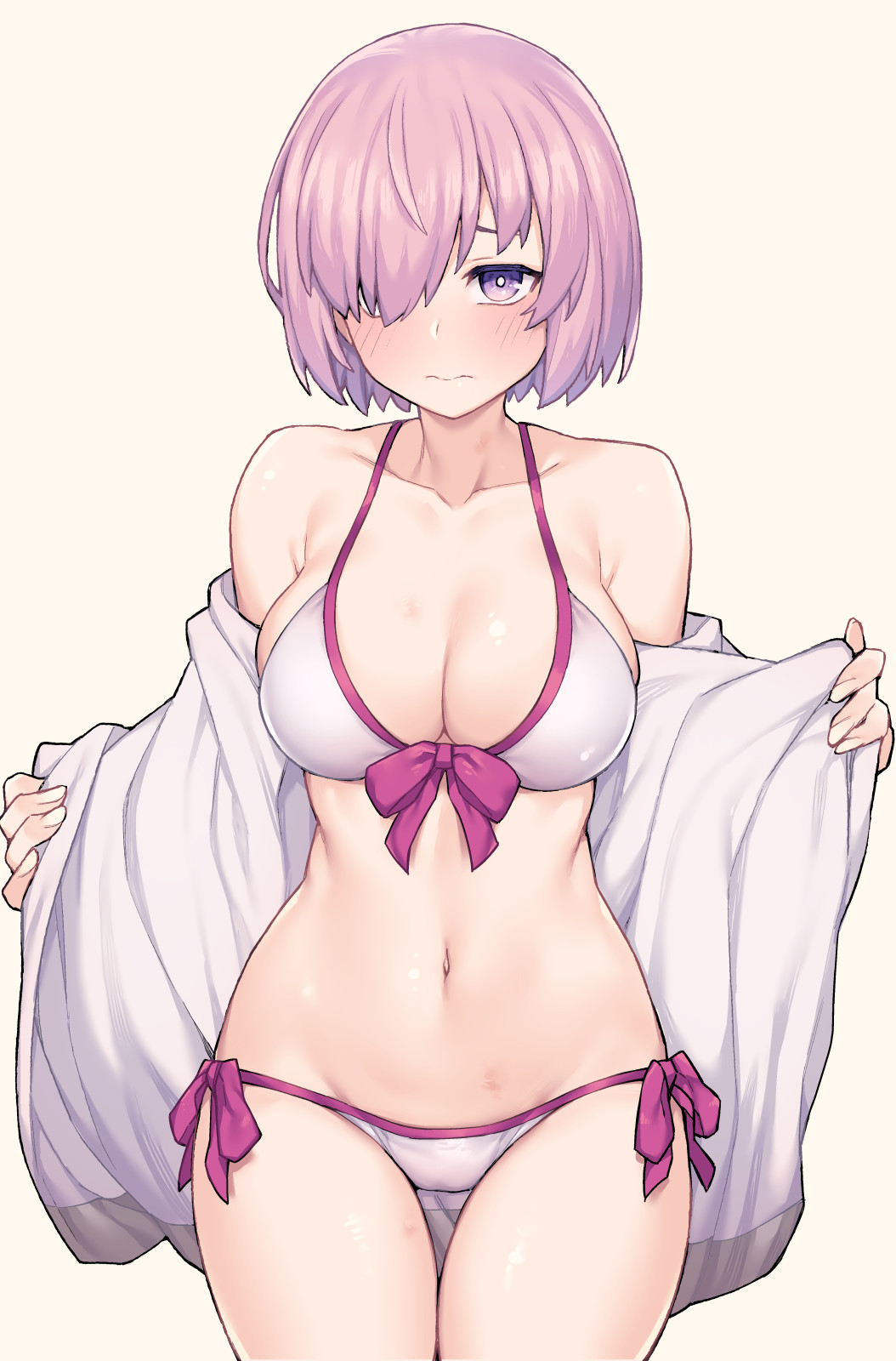 3: bangs bare_shoulders beige_background bikini blush bow breasts clavicle cleavage closed_mouth cowboy_shot embarrassed eyebrows_visible_through_hair fate/grand_order fate_(series) female front-tie_bikini front-tie_top hair_over_one_eye halterneck high_resolution jacket jp06 large_breasts lavender_hair looking_at_viewer mash_kyrielight navel off_shoulder open_clothes open_jacket pink_bow purple_eyes short_hair side-tie_bikini simple_background solo standing string_bikini swimsuit thigh_gap white_bikini white_swimsuit