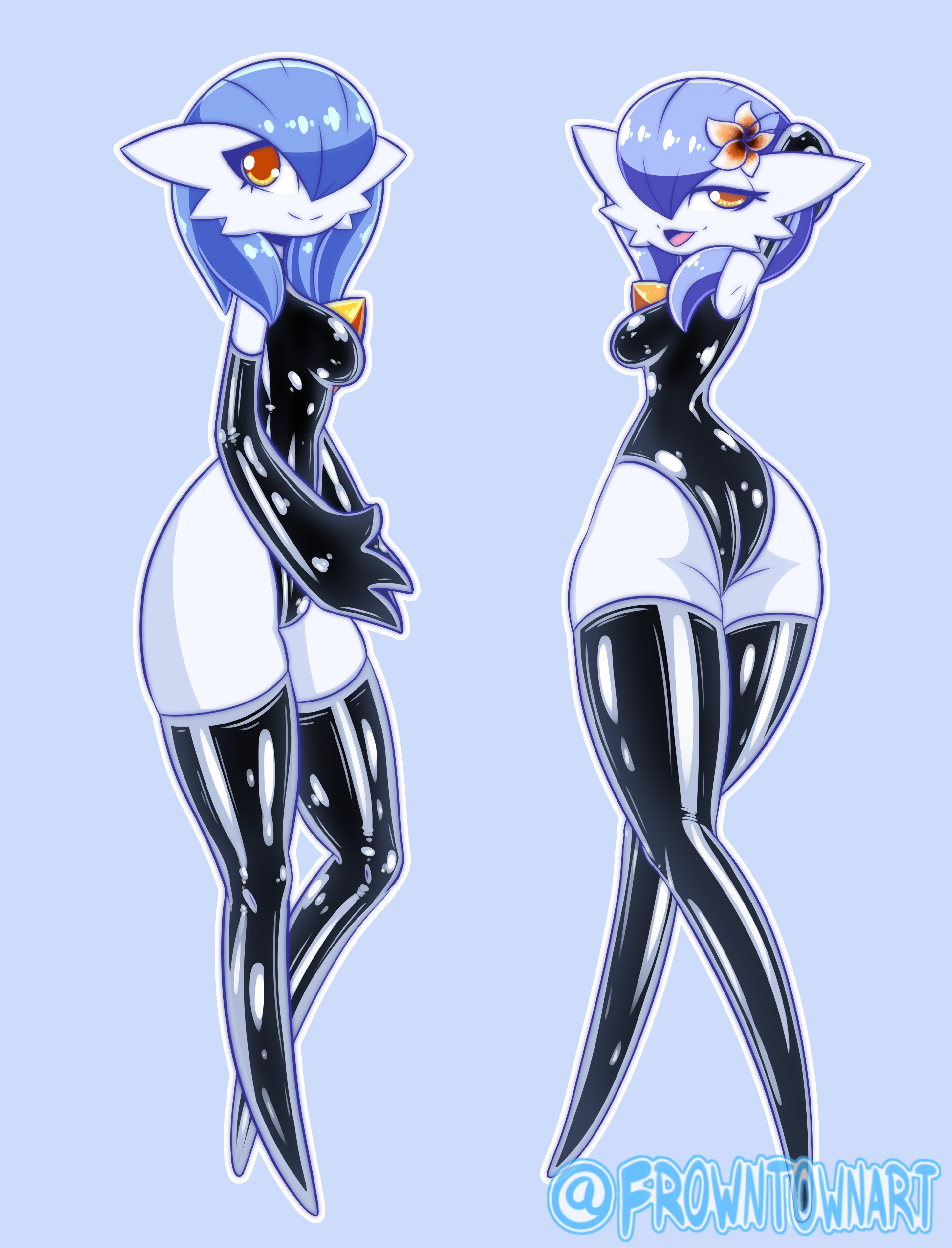 2girls, anthro, anthrofied, ass, blue hair, breasts, curvy figure, elbow gloves, female, female only, flower, flower in hair, frowntown, gardevoir, gloves, humanoid, latex, latex gloves, latex thighhighs, narrow shoulders, nintendo, orange eyes, pokémon (species), pokemon, pokemon (species), pokemon rse, shiny pokemon, small breasts, thick thighs, thin arms, thin waist, violet (polyvoir), white skin