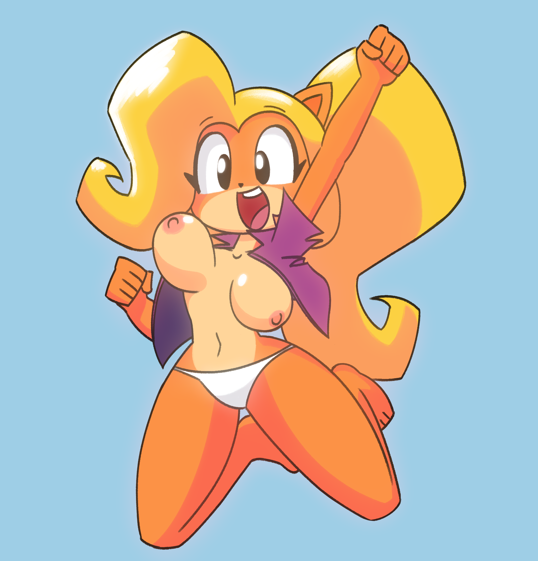 blonde hair, coco bandicoot, crash (series), female, fur, furry, furry only, jumping, long hair, open mouth, panties, purple jacket, smiling, white panties, yopy