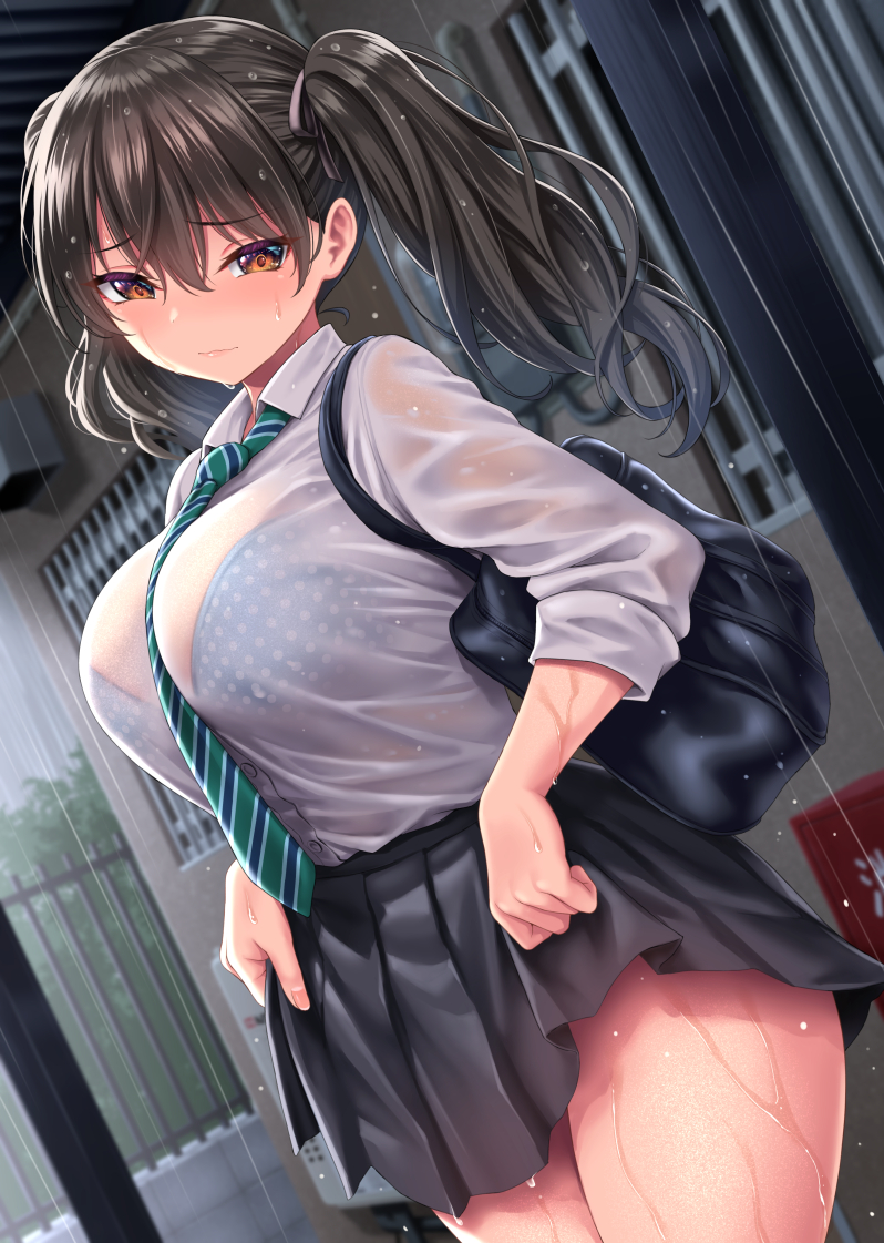 bag, bangs, black skirt, blush, breasts, brown eyes, brown hair, closed mouth, collared shirt, dress shirt, female, kase daiki, large breasts, long hair, long sleeves, looking at viewer, original, pleated skirt, school bag, shirt, skirt, thighs, tied hair, twintails, wet, white shirt