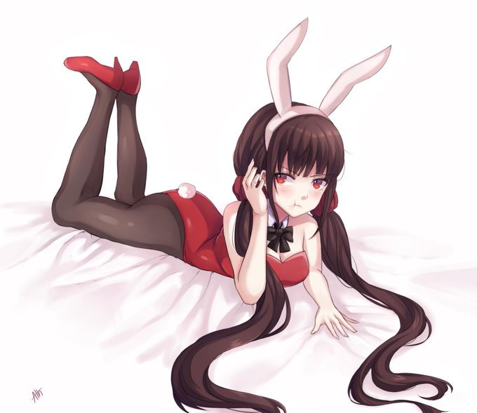 black hair, blush, breasts, brown hair, bunny ears, bunny girl, bunnysuit, danganronpa, danganronpa v3, dark hair, female, harukawa maki, heels, high heels, long twintails, looking at viewer, medium breasts, new danganronpa v3, on bed, on stomach, red eyes, red heels, red high heels, straight hair, tsundere, twintails
