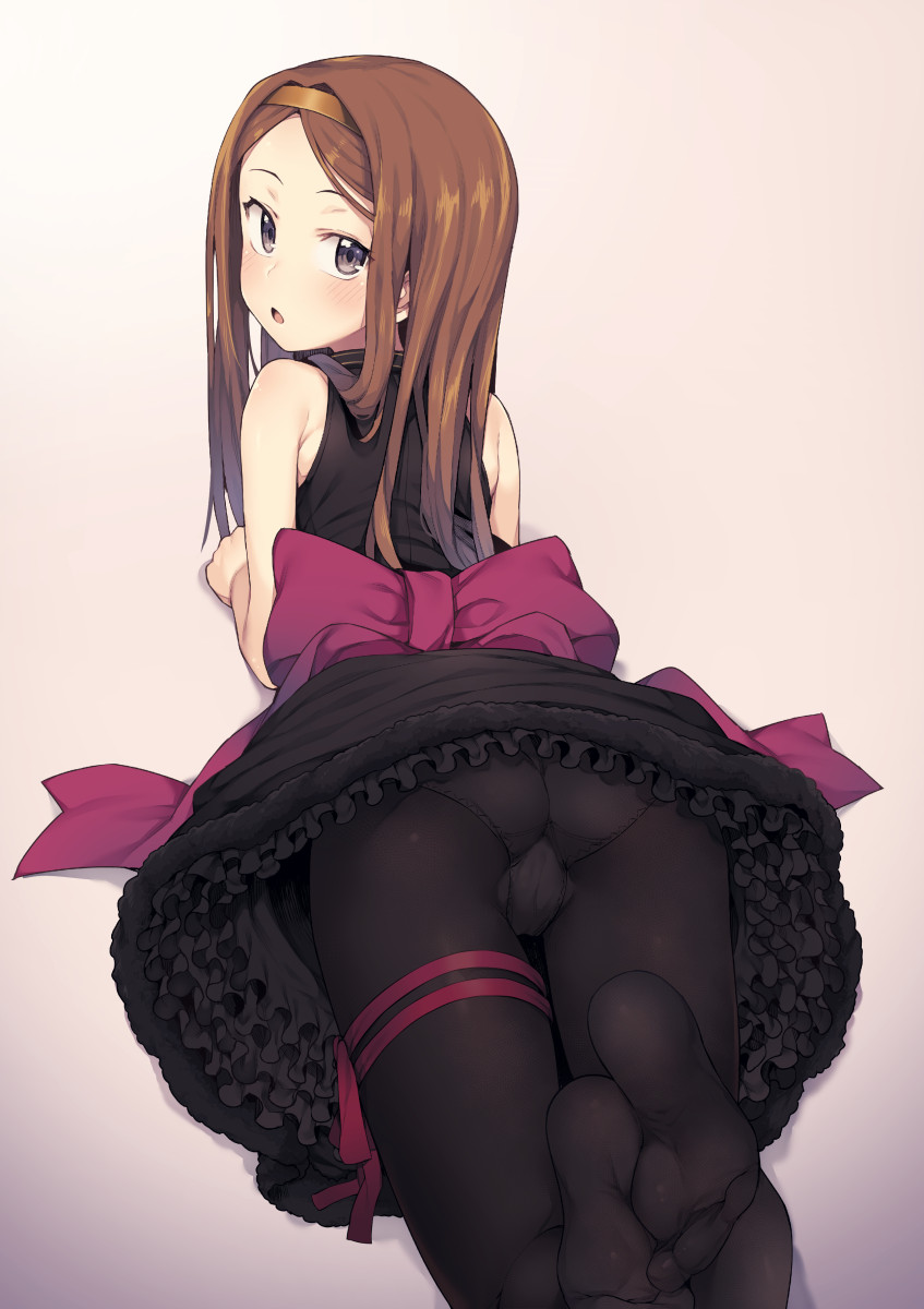 1girls ass bangs bare_arms bare_shoulders black_legwear black_shirt black_skirt blush brown_eyes brown_hair chacha_(fate/grand_order) cute fate/grand_order fate_(series) feet female from_behind gradient gradient_background hairband high_resolution jp06 koha-ace layered_skirt lingerie long_hair looking_at_viewer looking_back no_shoes on_stomach open_mouth panties_under_pantyhose pantsu pantyhose parted_bangs petticoat pink_ribbon ribbon shirt simple_background skirt sleeveless sleeveless_shirt soles solo solo_female thigh_strap thighs underwear yellow_hairband