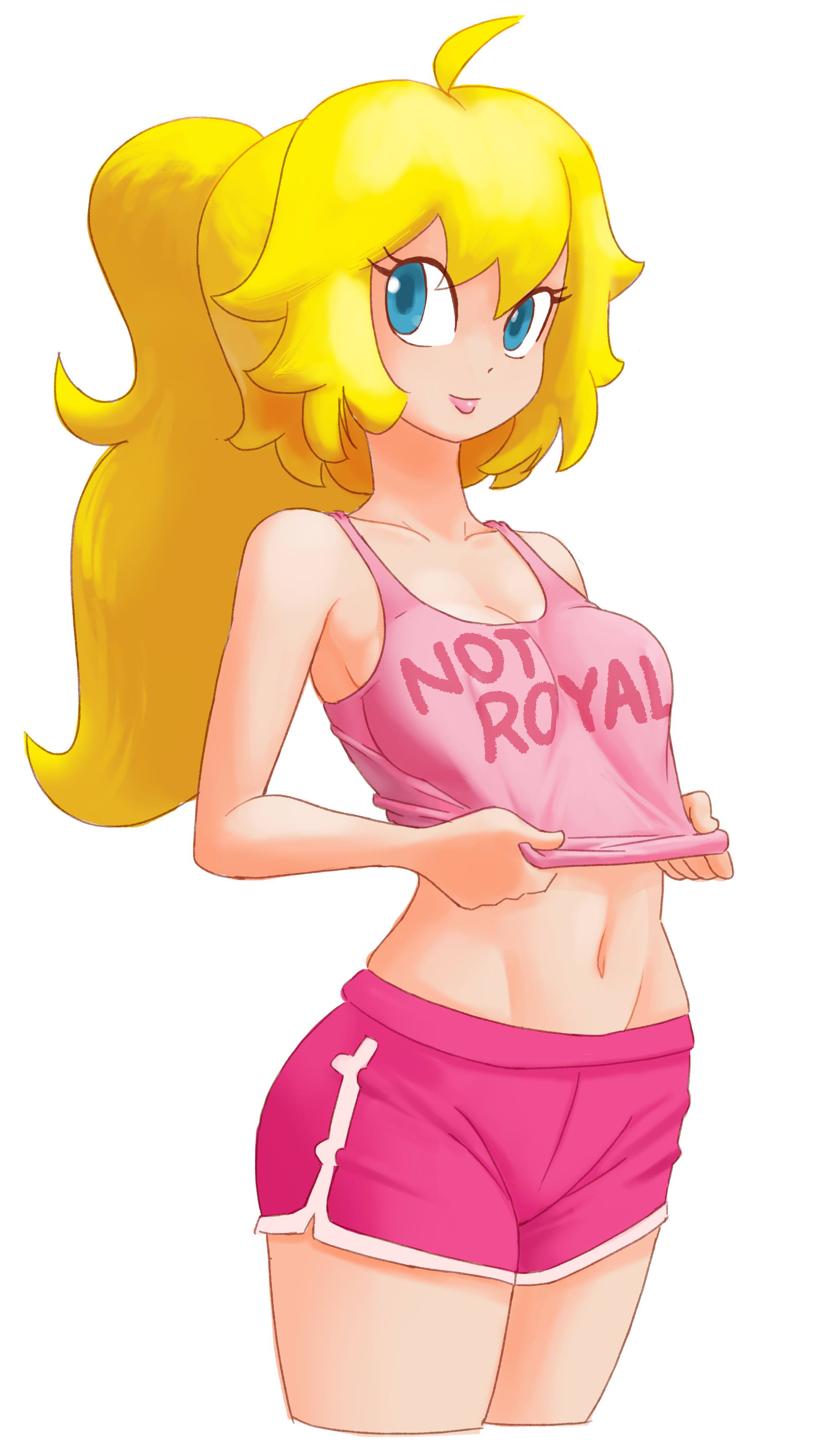 blonde hair, female, lips, mario (series), midriff, minus8, nintendo, ponytail, princess peach, shorts, solo, tagme, tank top, text on shirt, white background