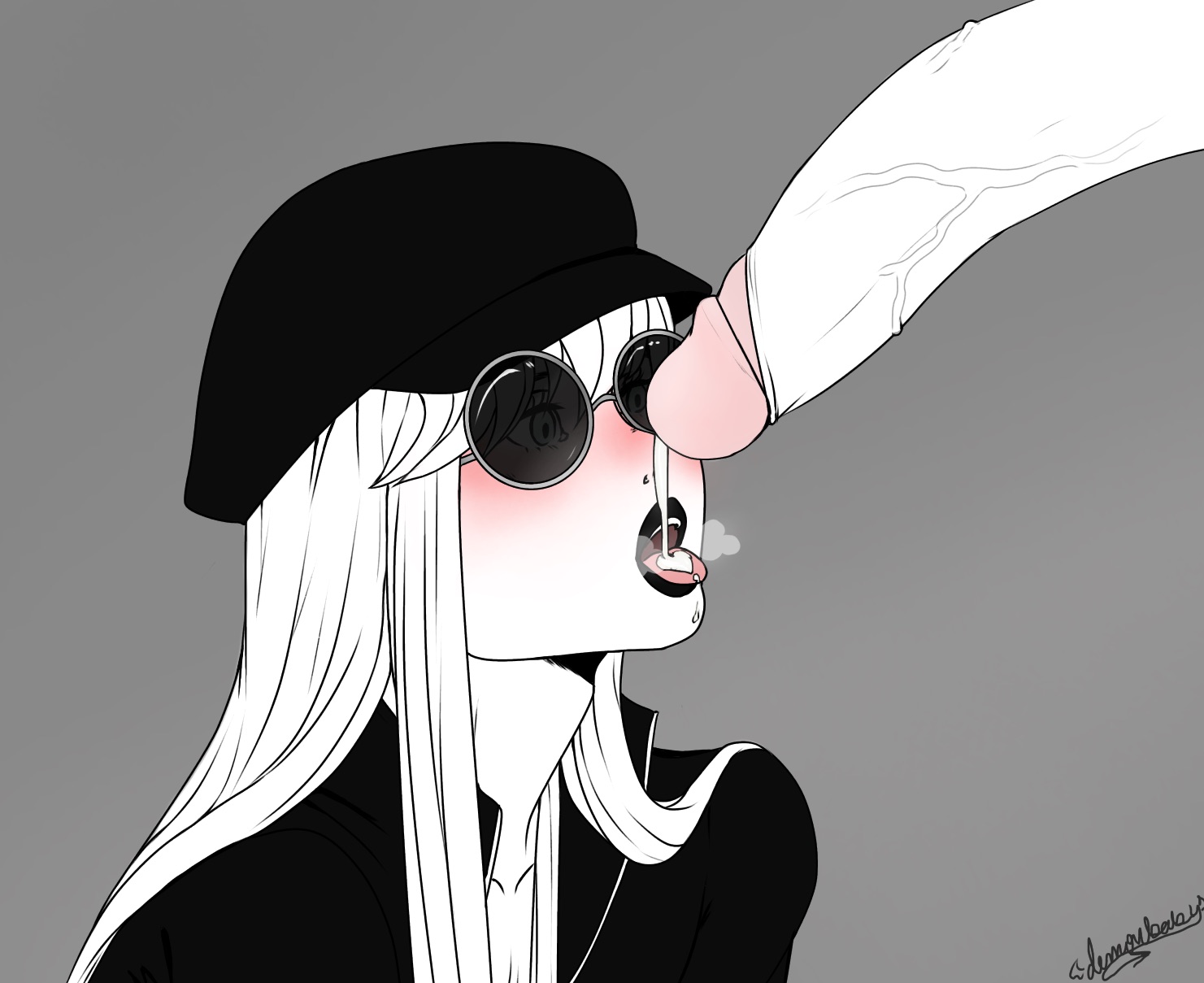 2boys, big penis, blush, cum, cum in mouth, demonbab y, disguise, dripping, dripping cum, fellatio, hat, hunter x hunter, kurapika, leorio paladiknight, lipstick, long hair, male, monochrome, open clothes, open mouth, open shirt, oral, penis, semen, sunglasses, tinted eyewear