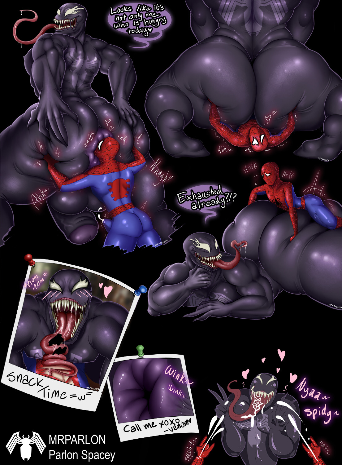 2boys, alien, ass, asshole, balls, big ass, big balls, big butt, big penis, black skin, bubble ass, bubble butt, butt crush, claws, eating ass, eating out, english text, fat ass, fat butt, gay, heart, huge ass, huge butt, human, human on humanoid, humanoid, humping, hyper, hyper ass, hyper butt, interspecies, interspecies yaoi, long tongue, male, male only, marvel, marvel comics, mrparlon, muscular, penis, polaroid, puffy anus, rimjob, rimming, rimming male, rubber suit, saliva, sharp claws, sharp teeth, size difference, smooth skin, spandex, spider-man, spider-man (series), thick ass, thick butt, venom (marvel), yaoi