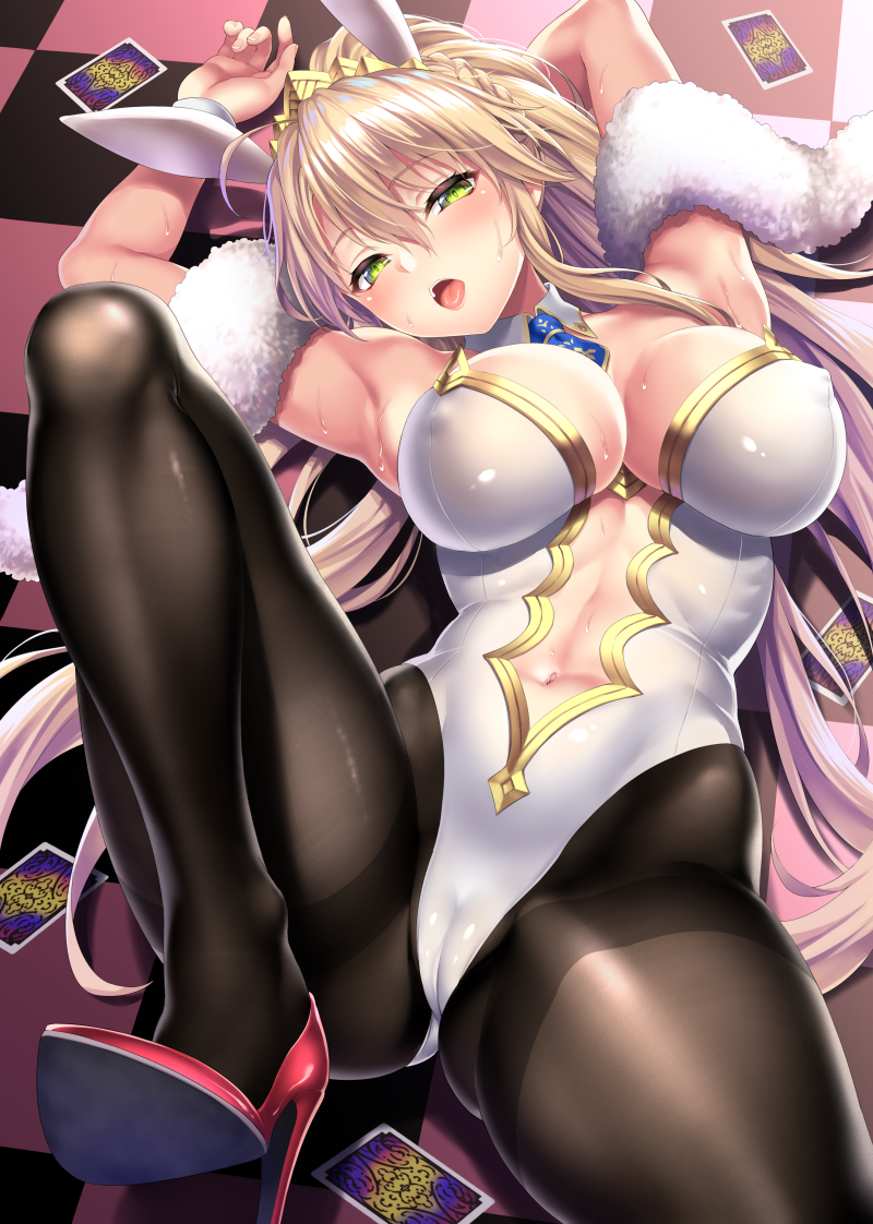 animal_ears armpits arms_behind_head arms_up artoria_pendragon artoria_pendragon_(lancer) artoria_pendragon_(swimsuit_ruler) ass_visible_through_thighs bangs bare_shoulders black_legwear blonde_hair blue_neckwear blush braid breasts bunny_ears bunnysuit cameltoe card checkered checkered_floor cleavage detached_collar erect_nipples erect_nipples_under_clothes eyebrows_visible_through_hair fate/grand_order fate_(series) feather_boa female french_braid green_eyes hair_between_eyes high_heels highleg highleg_leotard kase_daiki knee_up large_breasts leotard looking_at_viewer lying navel navel_cutout nipples on_back one_arm_up open_mouth pantyhose playing_cards ponytail sexy_armpits shoes sidelocks solo sweat thighband_pantyhose thighs tiara tied_hair white_leotard wrist_cuffs