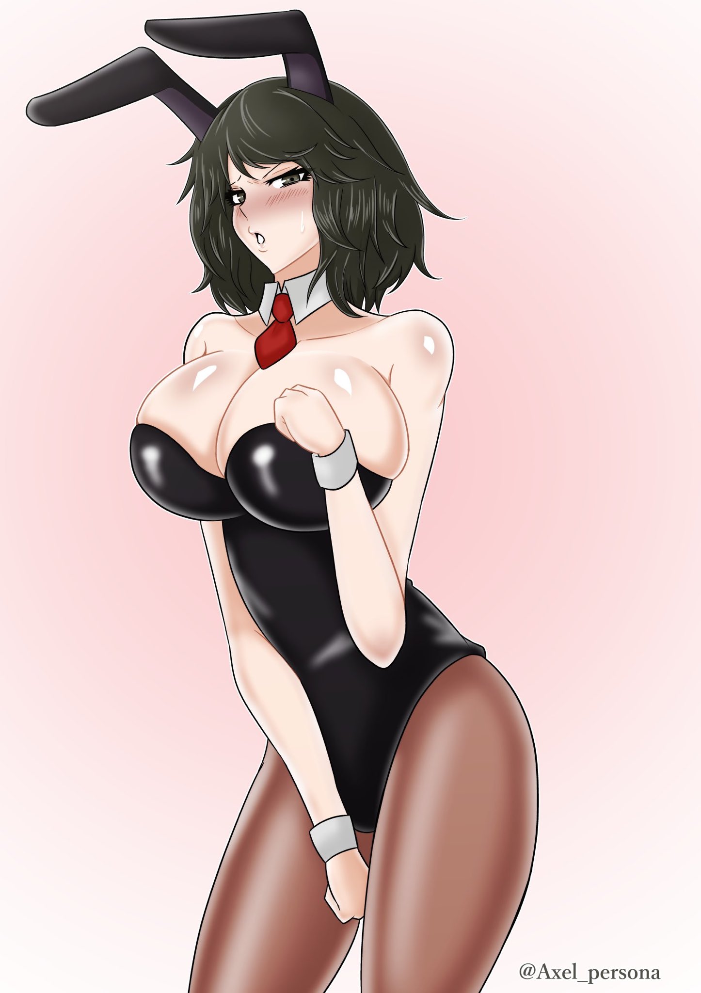 1girls, axel persona, big breasts, black eyes, black hair, blush, blushing, breasts, bunny ears, bunnysuit, cleavage, clothed, clothed female, clothes, clothing, dark hair, fake animal ears, female, female only, fully clothed, huge breasts, human, human only, large breasts, leggings, leotard, long hair, looking at viewer, persona, persona 5, revealing clothes, sadayo kawakami, solo, uncensored