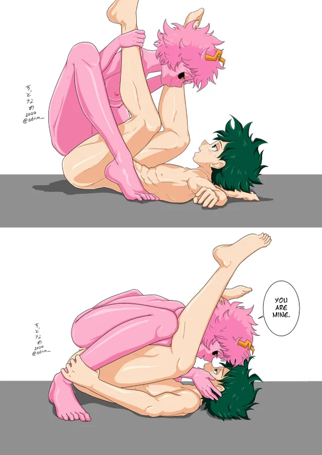 1boy, 1girls, abs, amazon position, amazonian mating press, black sclera, blush, blushing, breasts, cute, dominant female, female, femdom, gentle femdom, green eyes, green hair, green-haired male, hand on face, horns, izuku midoriya, izumina, leg grab, legs up, looking at another, looking at partner, love, male, malesub, medium breasts, mina ashido, muscles, muscular, muscular male, muscular sub, my hero academia, nude, pink hair, pink skin, pink-haired female, short hair, smile, speech bubble, sudoname, sweat, text, wholesome, yellow eyes