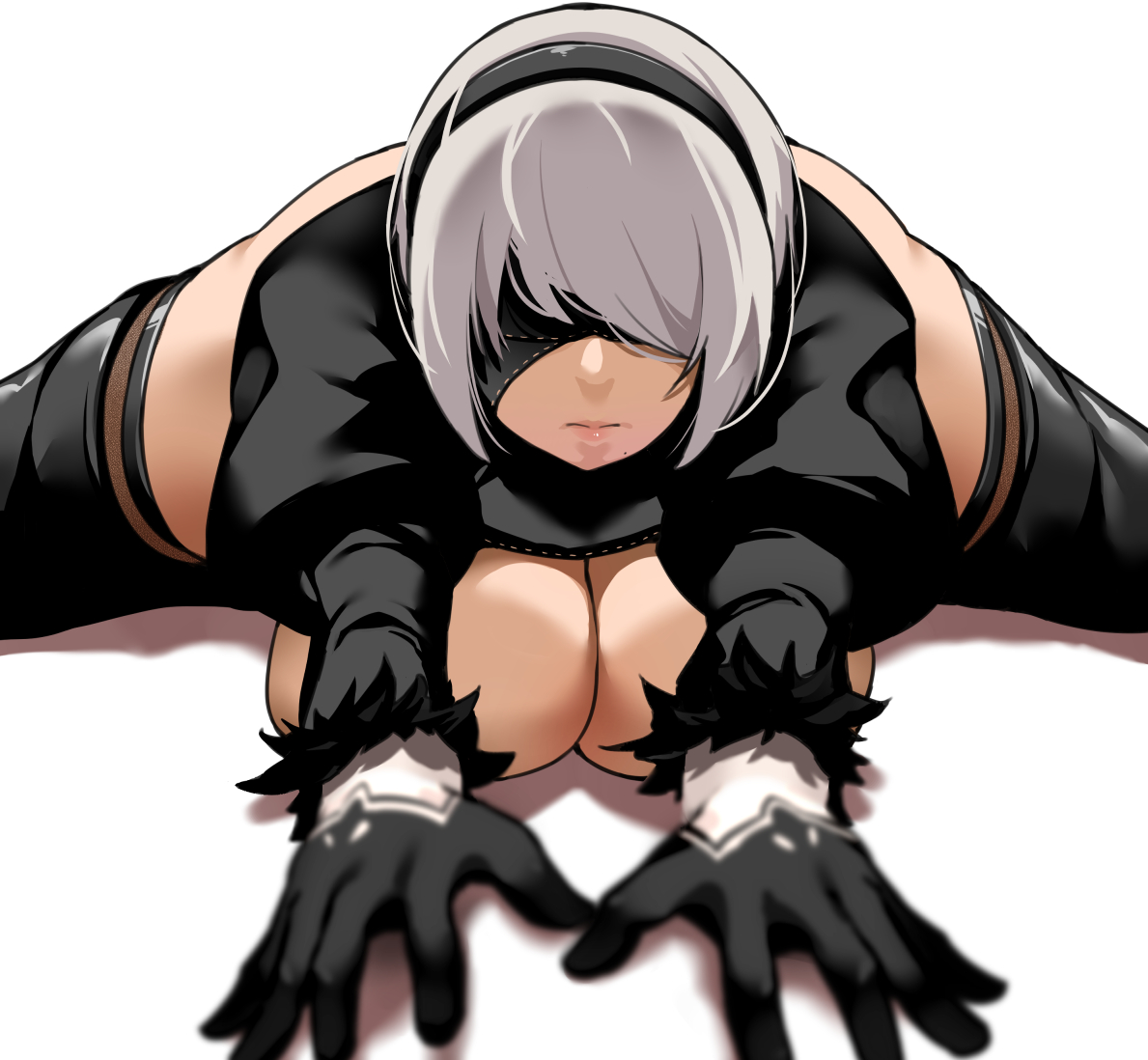 android, bakkanki, big breasts, blindfold, breasts, clothed female, emotionless, expressionless, female, female focus, female only, high heel boots, nier, nier: automata, solo, solo female, solo focus, splits, square enix, thighhigh boots, thighhighs, white hair, yorha 2b