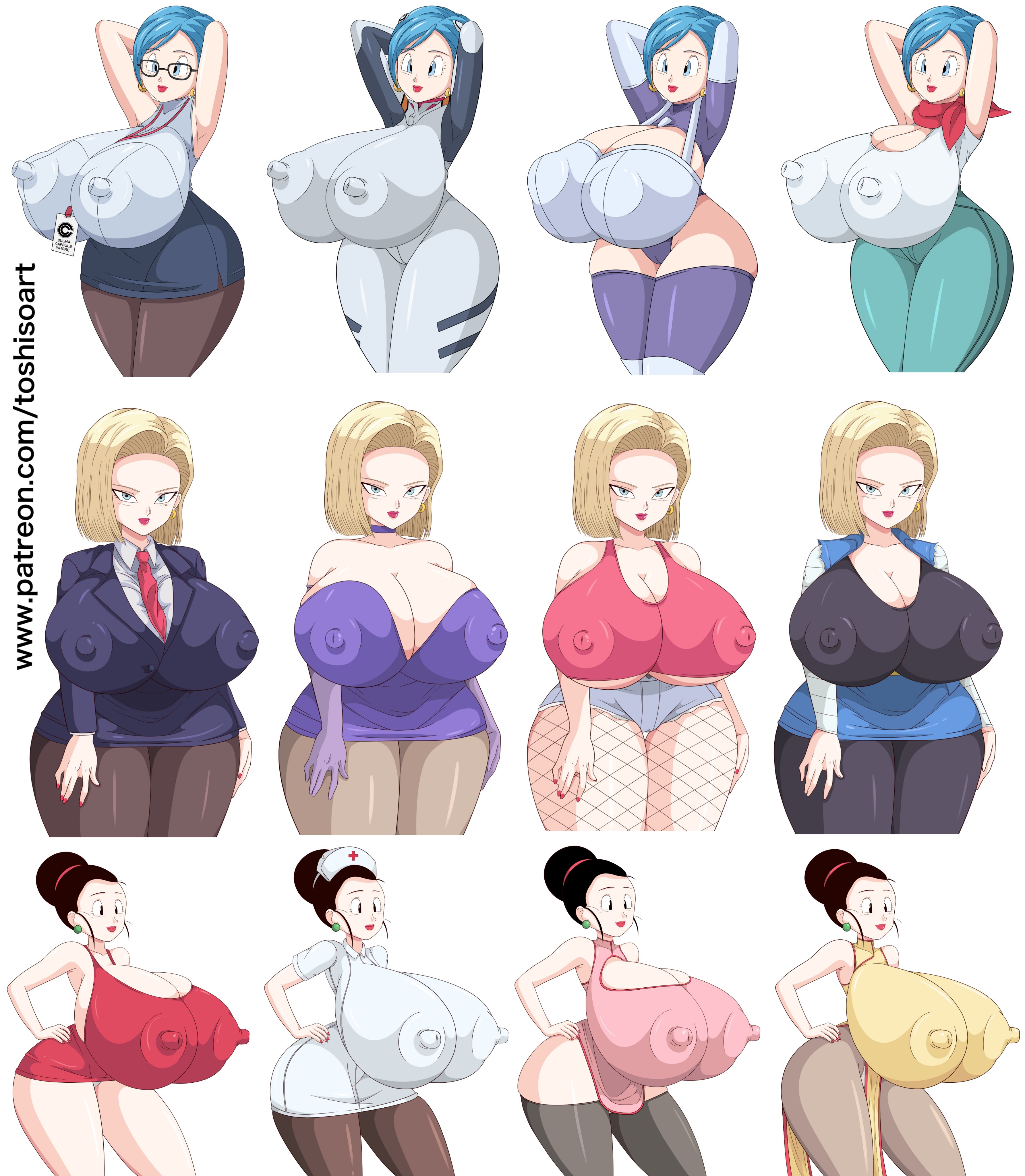 3girls, alternate version available, android 18, ass, ass in dress, bandana, blonde hair, blue eyes, breasts, bulma briefs, business suit, business woman, cameltoe, chichi, china dress, cleavage, cleavage cutout, curvy, dragon ball, dragon ball super, dragon ball z, dress, erect nipples, female, fishnet pantyhose, galactic patrol uniform, gigantic breasts, glasses, huge areolae, huge ass, lipstick, milf, nipples, nurse uniform, puffy nipples, pussy, red lips, scarf, short hair, shounen jump, thick lips, toshiso, voluptuous, wide hips