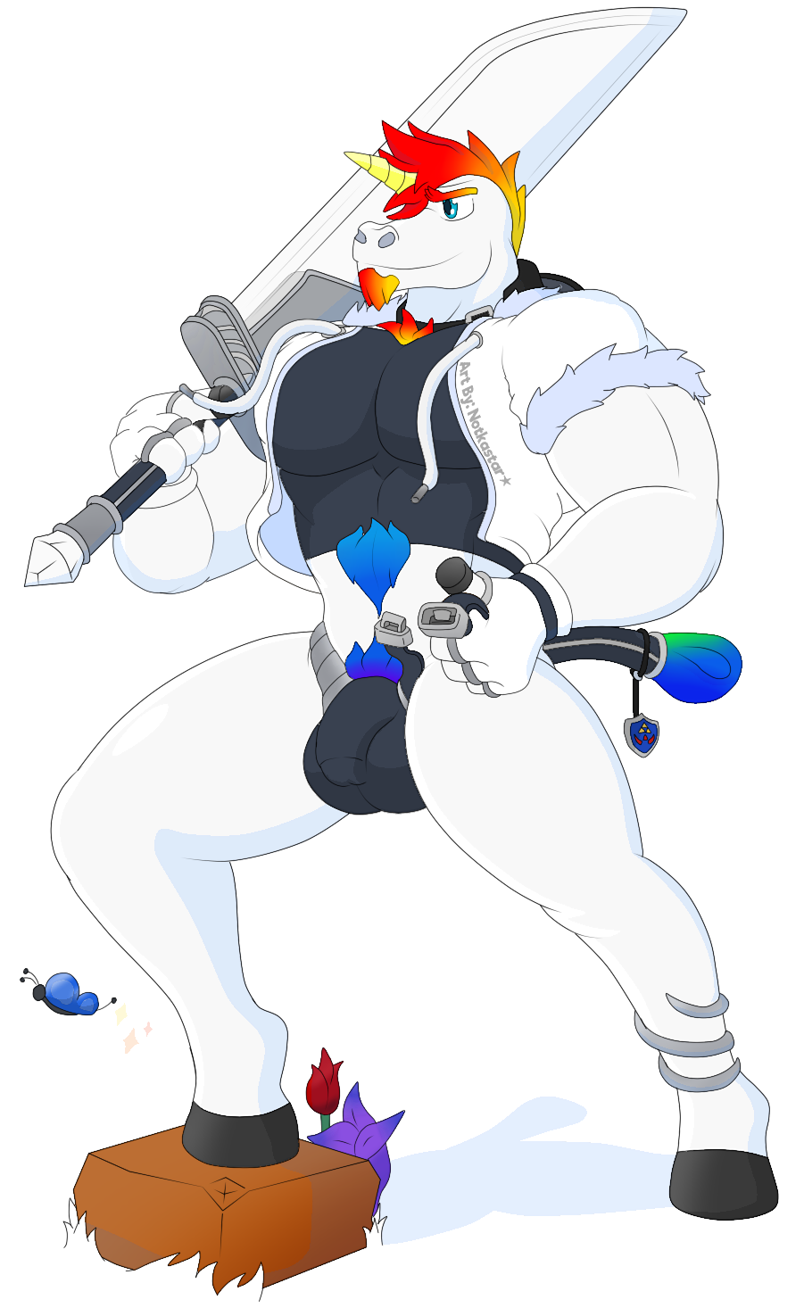 alpha_channel anklet anthro armor balls body_hair bulge clothing crystal dave_(character) equid equine flower genitals gloves hair handwear hat headgear headwear hi_res horn hylian_shield jacket jewelry male male_only mammal melee_weapon multicolored_hair muscular muscular_anthro muscular_male notkastar penis plant rainbow shield signature solo standing sword topwear unbuckled underwear undressing unicorn visor_cap weapon