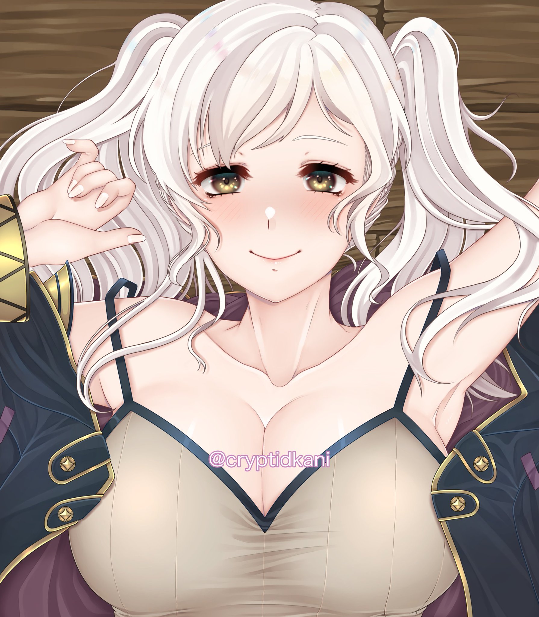 1girls, armpits, big breasts, blush, breasts, camisole, cleavage, cryptid crab, female, female only, fire emblem, fire emblem awakening, huge breasts, large breasts, light blush, light skin, light-skinned female, looking at viewer, nintendo, on back, robin (fire emblem), robin (fire emblem) (female), smile, solo, solo female, tank top, twintails, white hair, white nails, yellow eyes