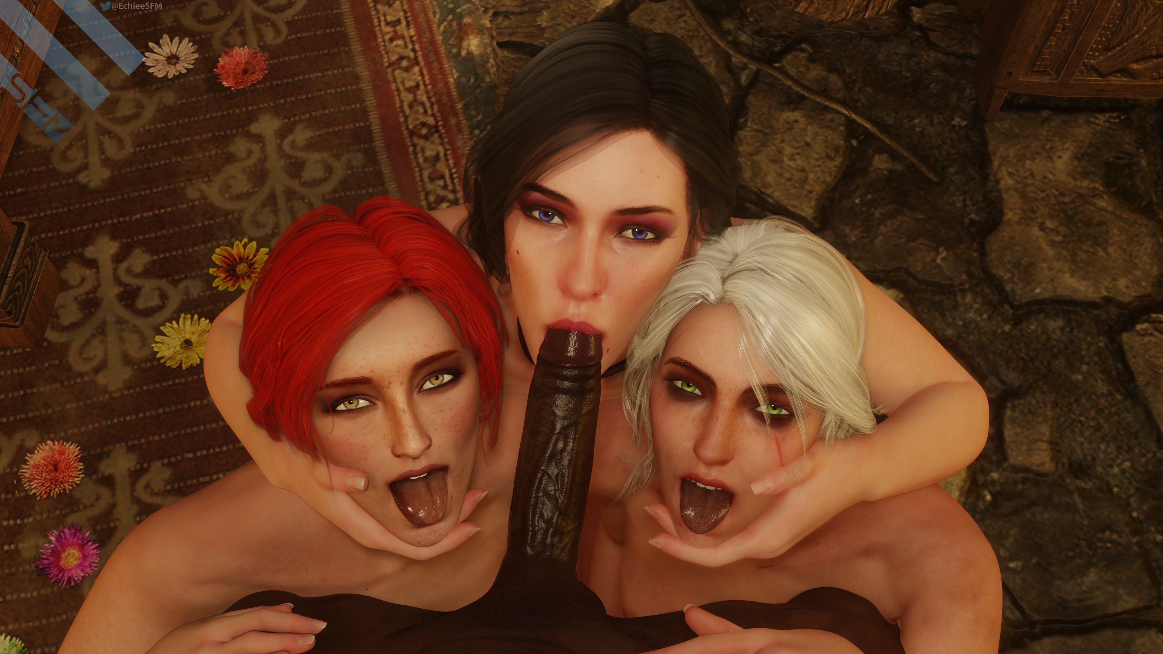 1boy, 3d, 3girls, 4k, big penis, black hair, black skin, blender, blowjob, cd projekt red, choker, ciri, dark skin, dark-skinned male, echiee, eyeshadow, fellatio, female, freckles, ginger, green eyes, hand on head, hand on hip, holding head, interracial, kneeling, large penis, light skin, light-skinned female, lipstick, long hair, long penis, looking at viewer, male, mole, multiple females, multiple girls, necklace, nude, nude female, nude male, on knees, open mouth, oral, oral sex, orange hair, penis, penis in mouth, pink lips, poster, purple eyes, pussy, red hair, scar, shaved pussy, straight, sucking, the witcher, the witcher (series), the witcher 2, the witcher 3: wild hunt, tongue, tongue out, triss merigold, white hair, white skin, yennefer