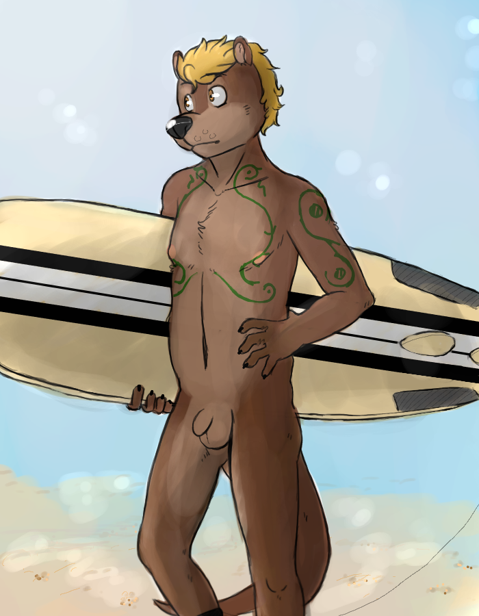 akitagami anthro balls beach blonde_hair brown_eyes completely_nude flaccid genitals green_tattoo hair hand_on_side holding_surfboard lutrine male male_only mammal mustelid nervous nipples nude nude_beach penis priestrevan sand seaside small_penis solo standing surfboard tattoo vehicle watercraft