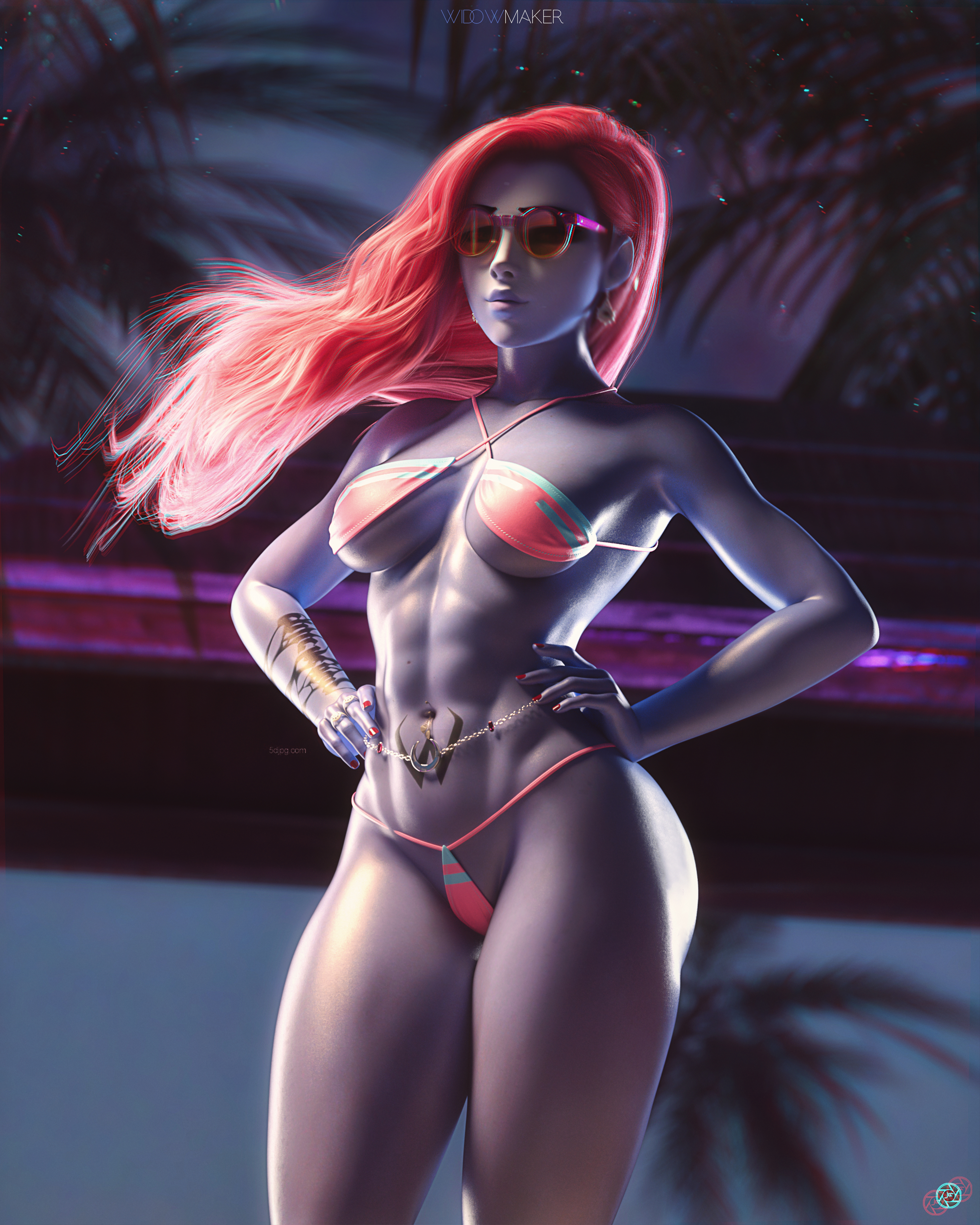 1girls, 3d, abs, belly chain, belly piercing, bikini, earrings, female, female only, fitness, micro bikini, noahgraphicz, orange-tinted eyewear, overwatch, red hair, red nails, sex, solo, sunglasses, tattoo, thong, tinted eyewear, widowmaker