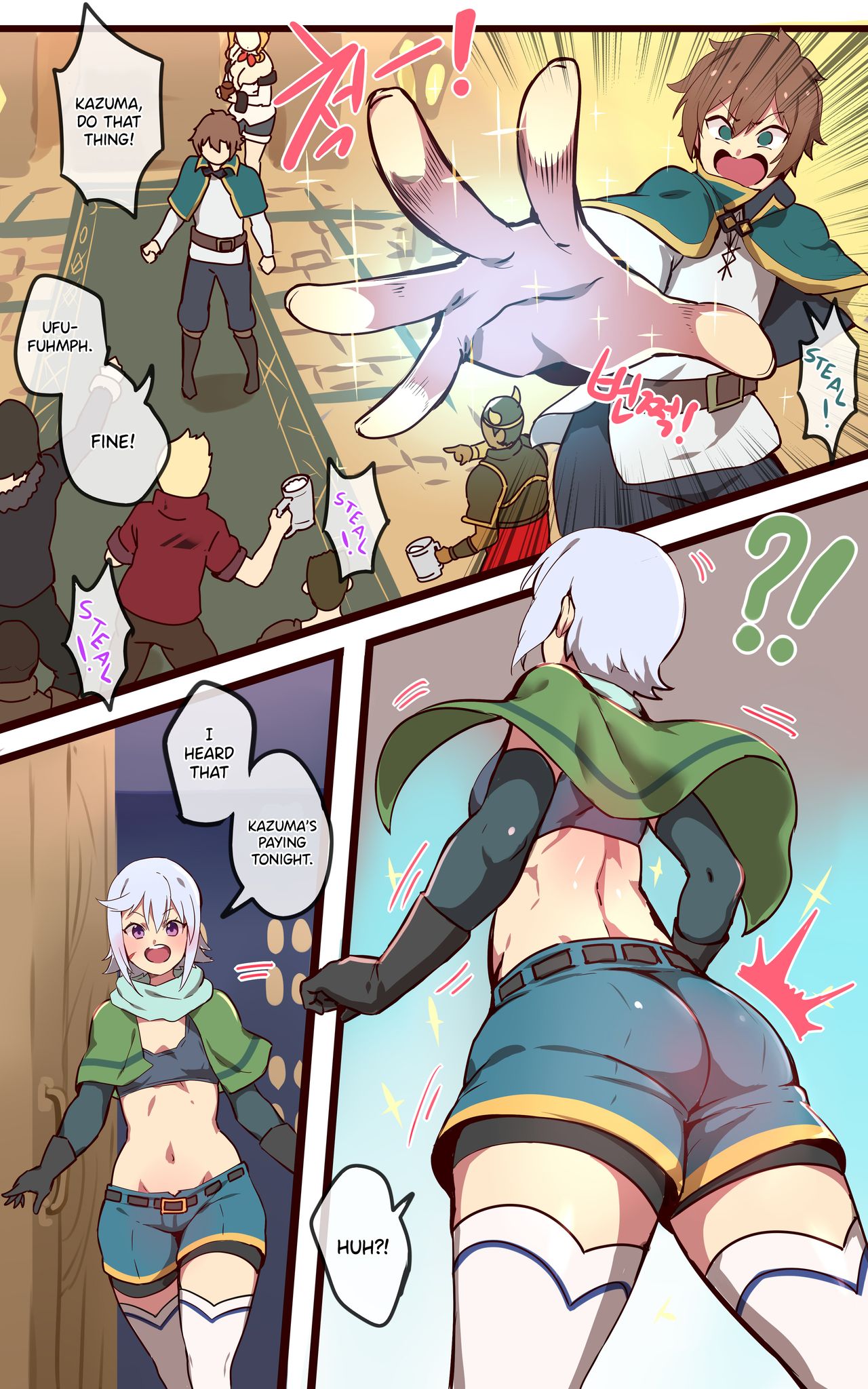 2girls, 6+boys, ass, big ass, blush, breasts, chris (konosuba), drunk, english text, female, kono subarashii sekai ni shukufuku wo!, luna (konosuba), magic, male, multiple boys, multiple males, ooyun, purple eyes, satou kazuma, short hair, short shorts, silver hair, small breasts, smile