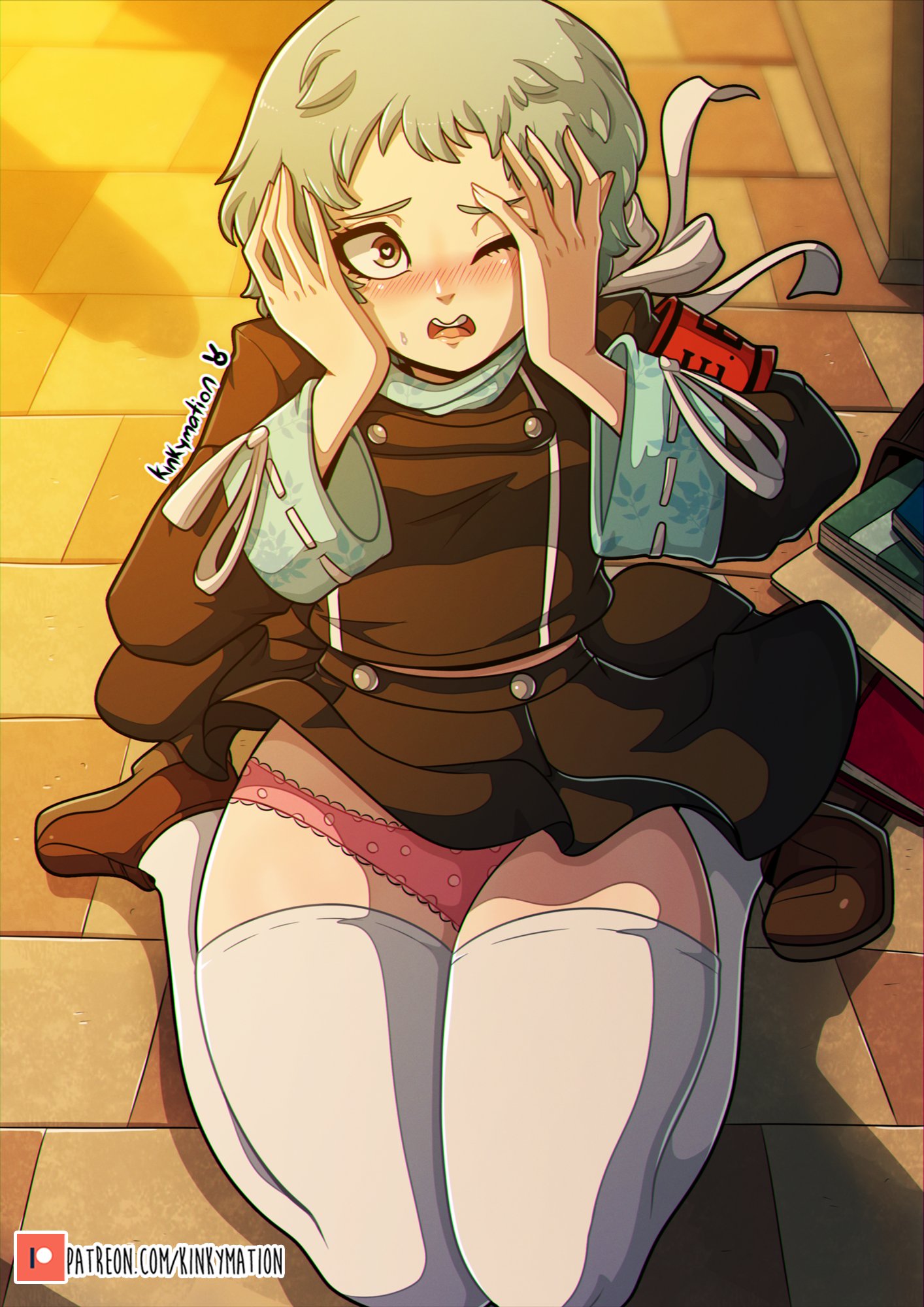 armband, armwear, atlus, big breasts, breasts, clothed female, female, female focus, female only, fuuka yamagishi, heart-shaped pupils, kinkymation, light blue hair, panties, persona, persona 3, short hair, solo, solo female, solo focus, sweat, sweatdrop, thighhighs, yamagishi fuuka