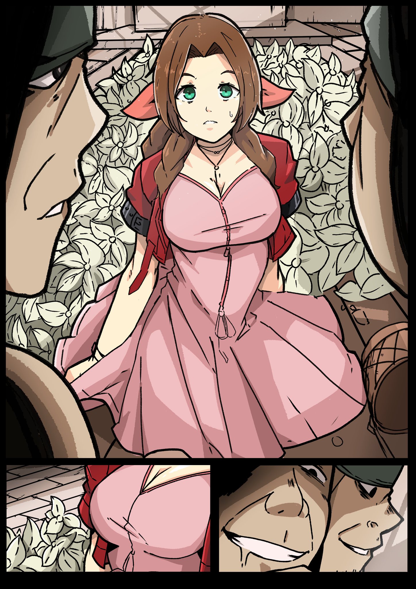 1girls, 2boys, aerith gainsborough, brown hair, brown-haired female, comic, female, final fantasy, final fantasy vii, flower, imminent rape, mark gavatino