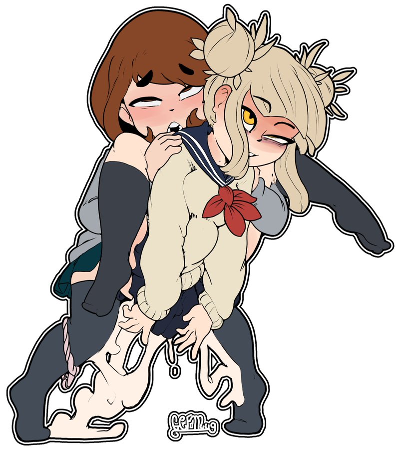 1futa, 1girls, ahe gao, ambiguous penetration, blonde hair, brown hair, bulge, carrying, clothed sex, cum, cum in pussy, cum inside, cum leaking, excessive cum, eyes rolling back, female, fucked silly, futa on female, futanari, gcfmug, himiko toga, implied futa, implied sex, intersex, kneesocks, my hero academia, ochako uraraka, orgasm, panties around leg, pussy, reverse stand and carry position, reverse suspended congress, school uniform, standing, stomach bulge, tagme, thick cum, thighhighs