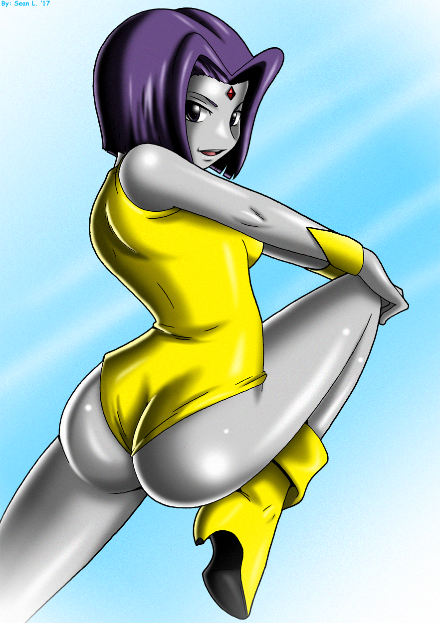 1girls ass boots curvy curvy_figure dat_ass dc dc_comics gold grey_skin heel_boots heels hips lady_legasus leotard looking_at_viewer looking_back purple_hair rachel_roth raven_(dc) shiny_skin smile smiling smooth_skin solo solo_female sseanboy23 teen_titans teen_titans_go thick_thighs