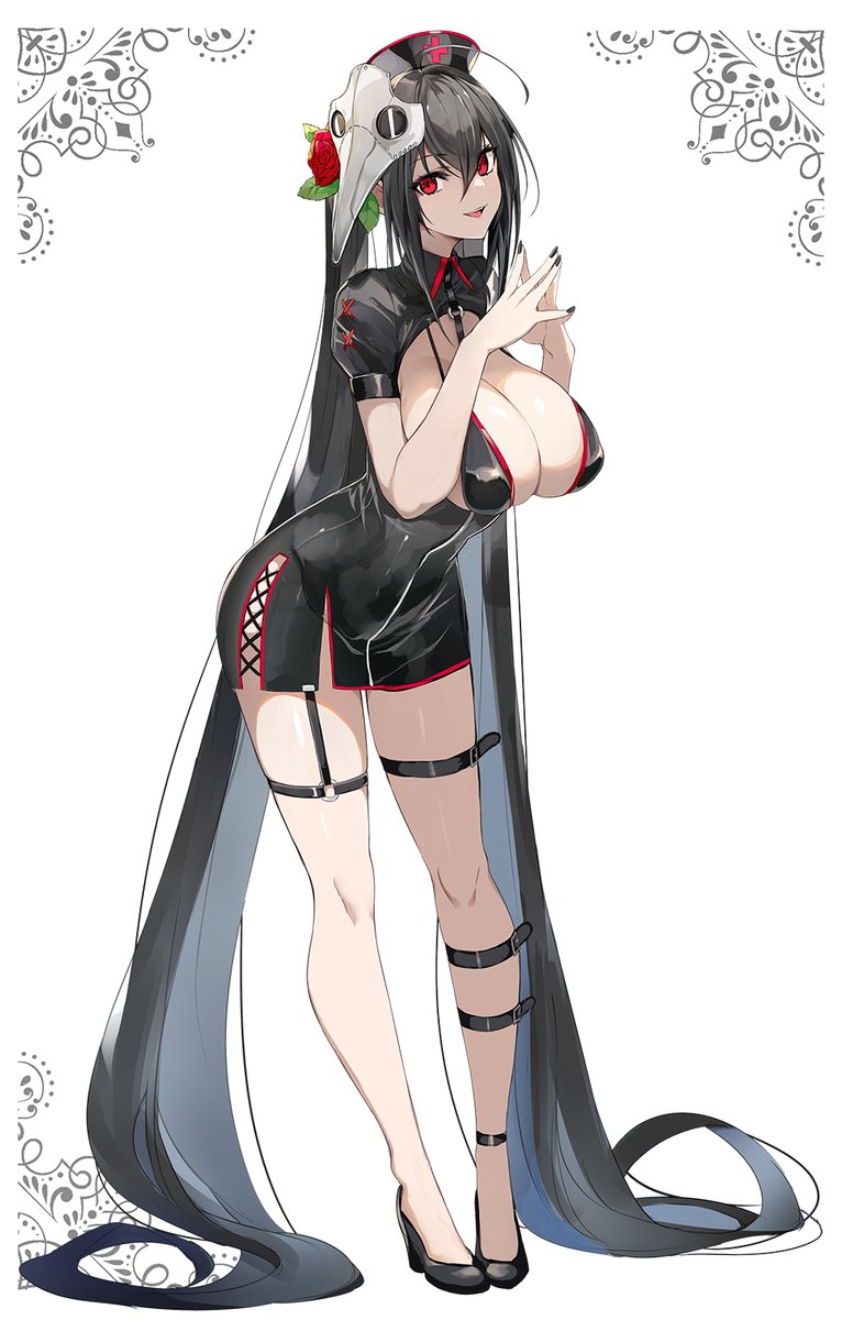 1girls alternate_costume ass azur_lane black_clothing black_fingernails black_hair black_nails breasts cleavage female female_only fingers high_heels highres huge_breasts looking_at_viewer luse_maonang nail_polish nurse nurse_cap pencil_skirt plague_doctor_mask red_eyes red_potato_rinrin short_sleeves solo solo_female taihou_(azur_lane) thick_thighs tight_clothing twintails very_long_hair voluptuous