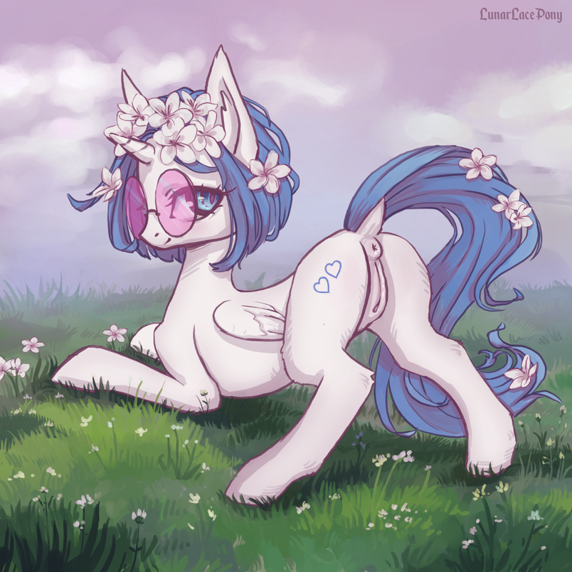 1:1 accessory alicorn anus ass ass_up blue_eyes blue_mane blue_tail dock equid eyewear fan_character feathered_wings feathers female feral field flower flower_in_hair flower_on_tail fur furry genitals glasses hair hair_accessory hasbro horn inner_ear_fluff lunarlacepony mammal mane my_little_pony outside plant presenting presenting_anus presenting_hindquarters presenting_pussy pussy short_hair smile solo tuft white_body white_fur wings